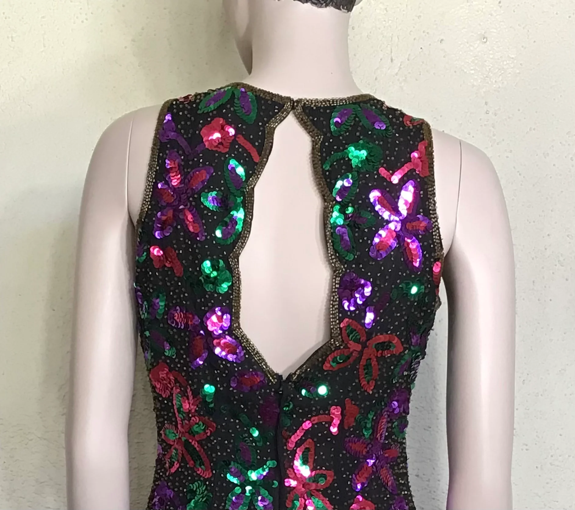 80s Black Multicolor Beaded Sequin Metallic Mini Dress - Image 3