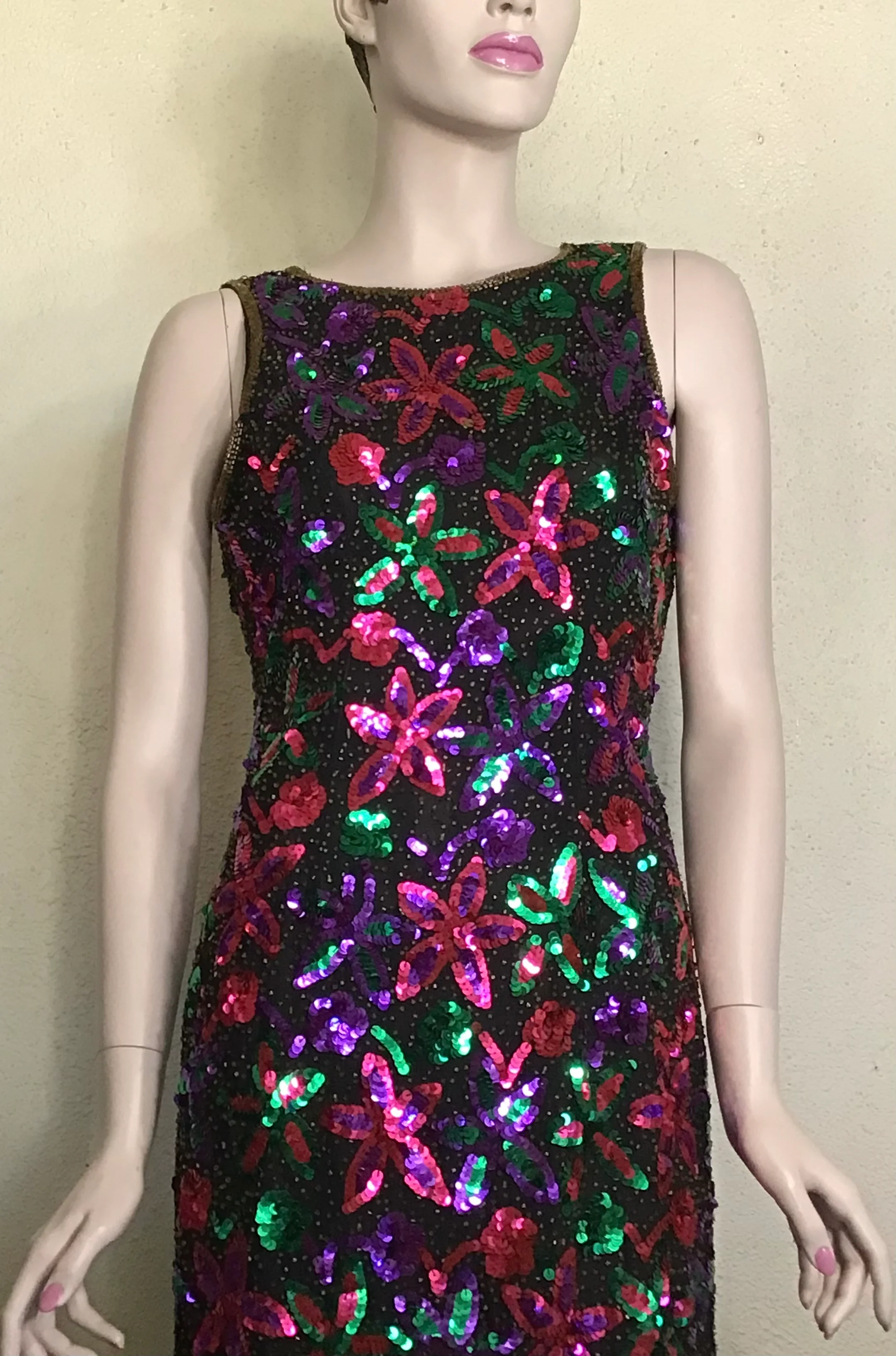 80s Black Multicolor Beaded Sequin Metallic Mini Dress - Image 5
