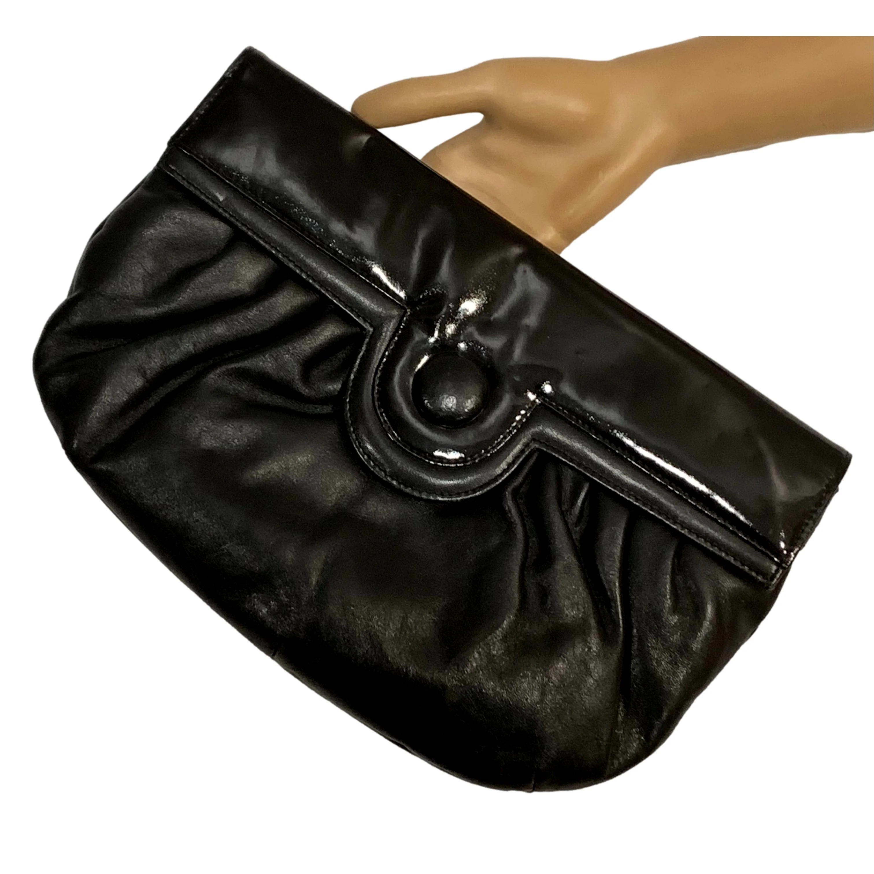 80s Black Patent And Matte Leather Oversized Clutch By Lisette - Image 8