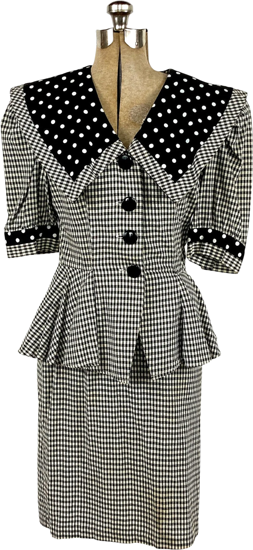 80s Black Peplum Mini Dress White Gingham V-Neck Wiggle Plaid Dress Polka Dot Puff Sleeve Button Down Big Collar Checked Party Dress