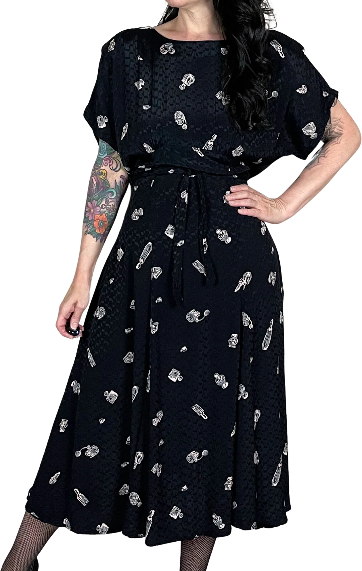 80s Black Perfume Bottle Print Short Sleeve Midi Dress By Carol Little