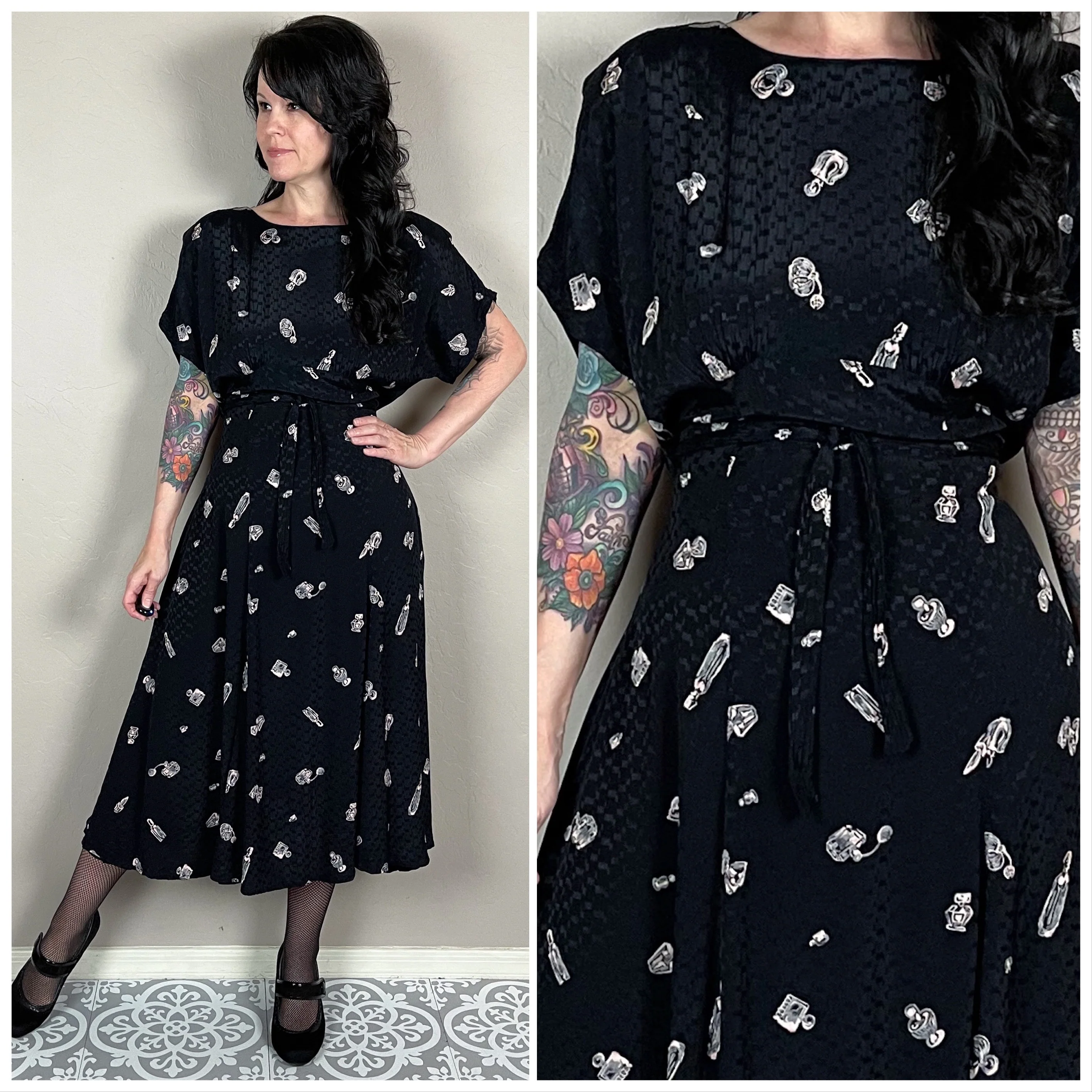 80s Black Perfume Bottle Print Short Sleeve Midi Dress By Carol Little - Image 2