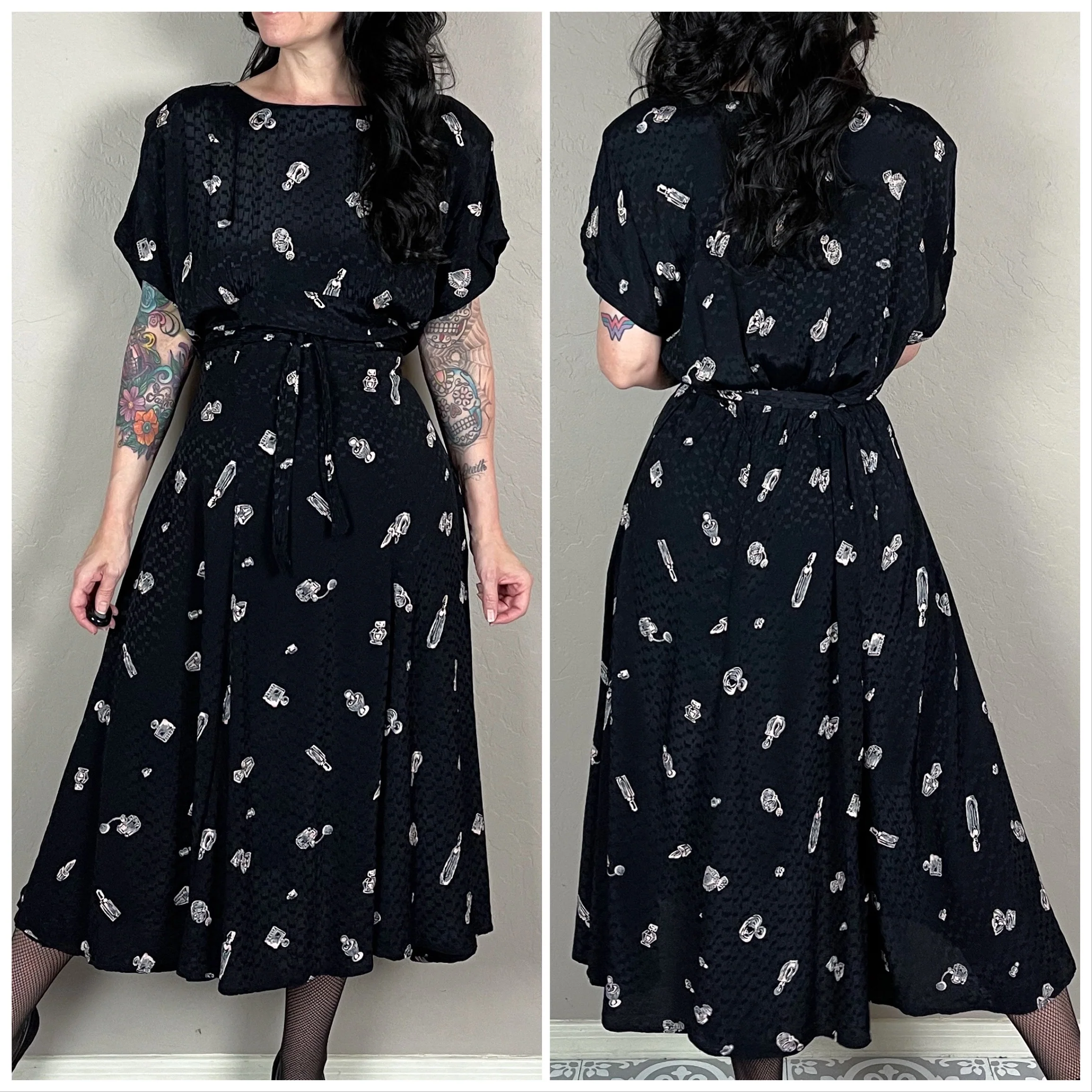 80s Black Perfume Bottle Print Short Sleeve Midi Dress By Carol Little - Image 4