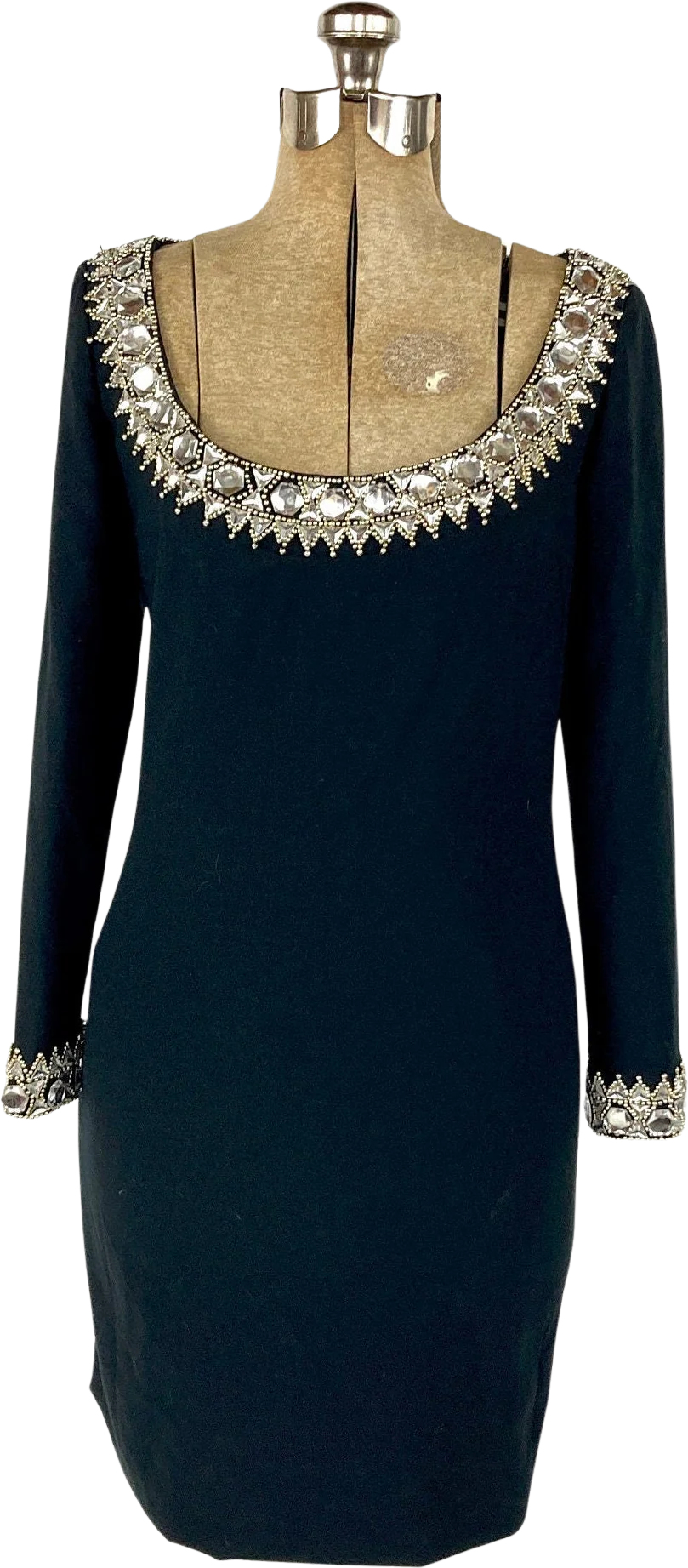 80s Black Plunging Long Sleeve Sweater Dress Gold Beaded Rhinestone Jewel Mini Dress Bodycon Bandage Party Vintage Dress by Nite Lines