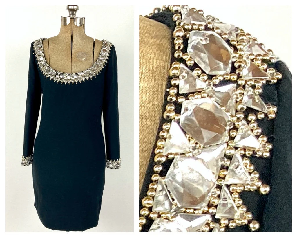 80s Black Plunging Long Sleeve Sweater Dress Gold Beaded Rhinestone Jewel Mini Dress Bodycon Bandage Party Vintage Dress by Nite Lines - Image 3