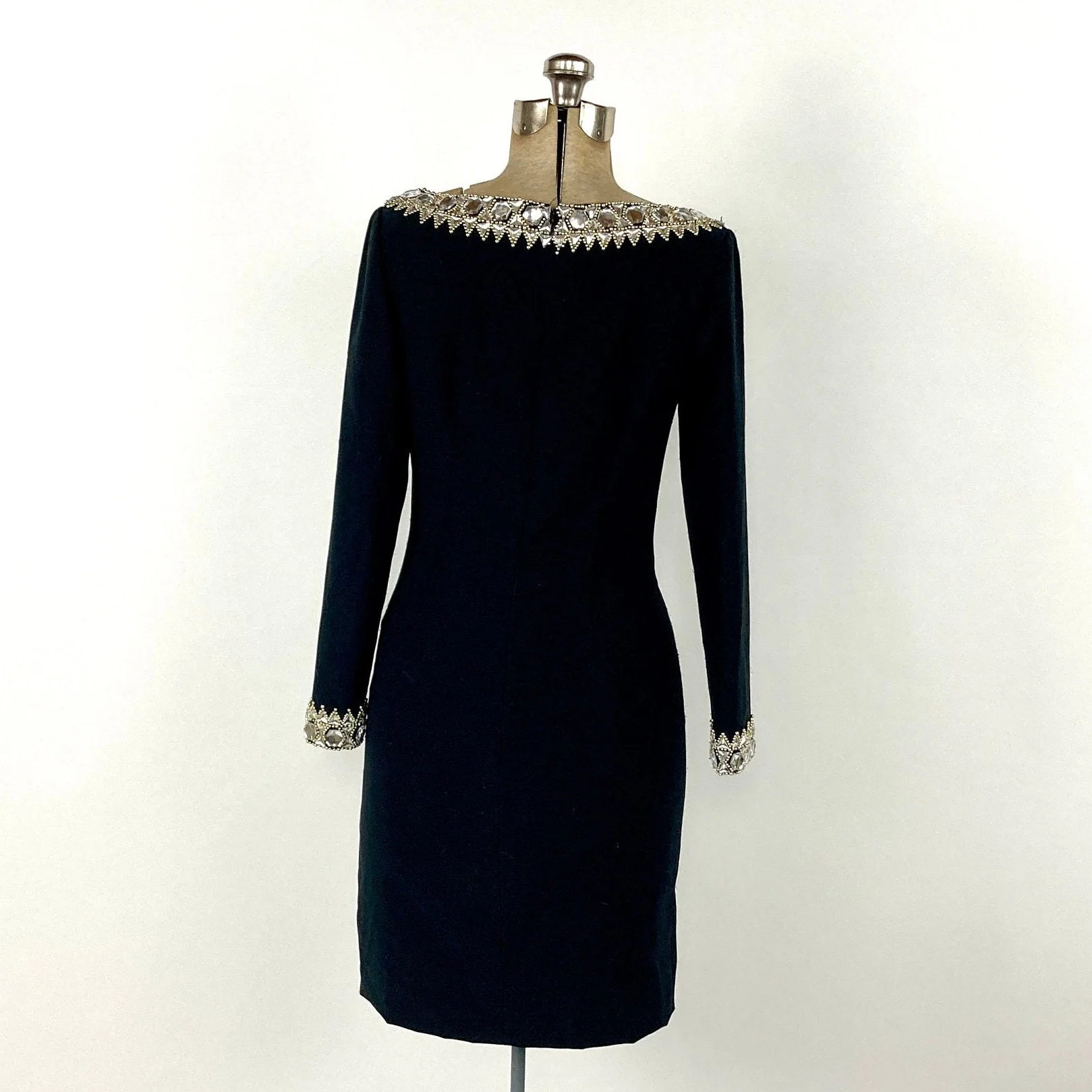 80s Black Plunging Long Sleeve Sweater Dress Gold Beaded Rhinestone Jewel Mini Dress Bodycon Bandage Party Vintage Dress by Nite Lines - Image 4
