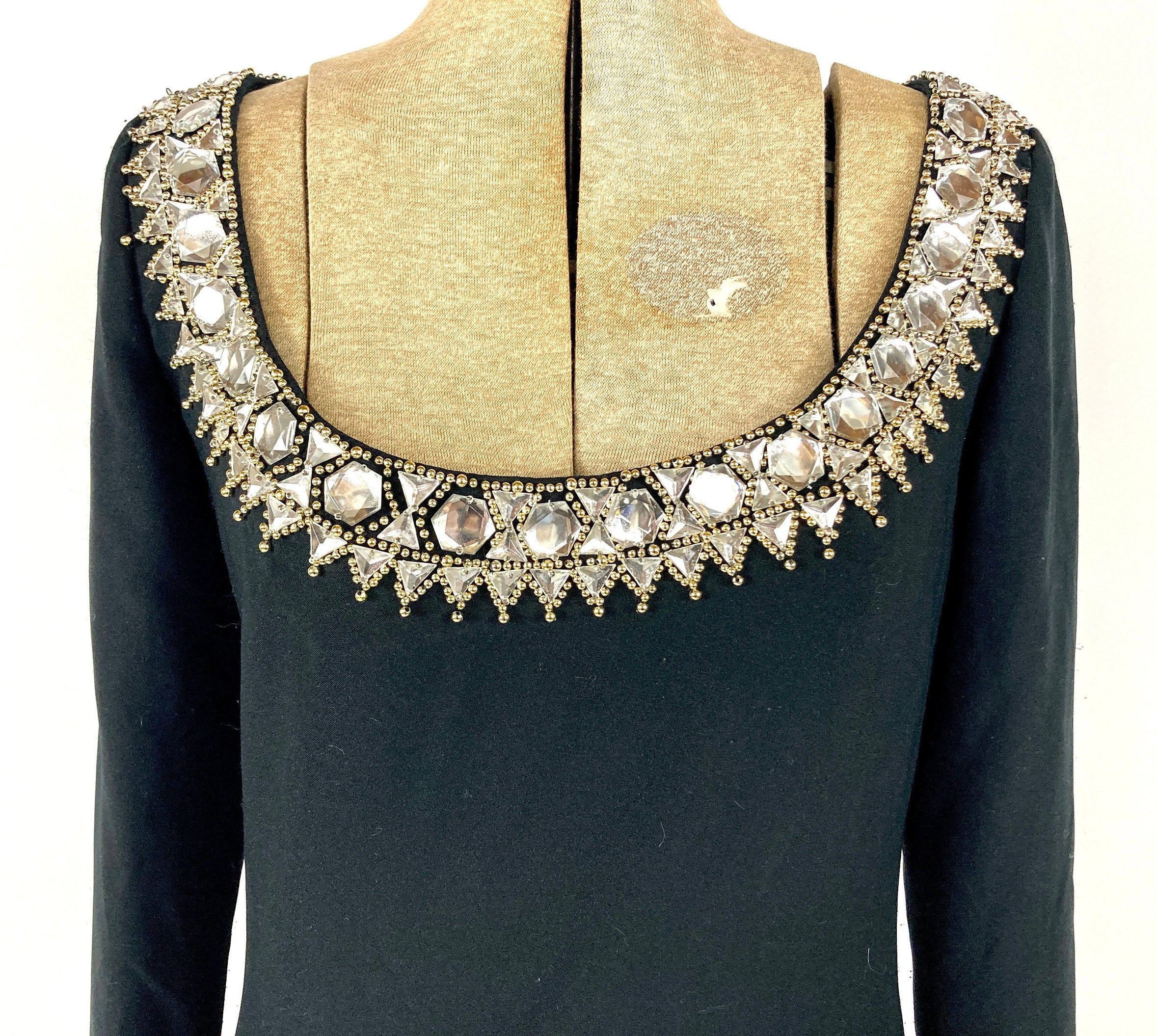 80s Black Plunging Long Sleeve Sweater Dress Gold Beaded Rhinestone Jewel Mini Dress Bodycon Bandage Party Vintage Dress by Nite Lines - Image 5