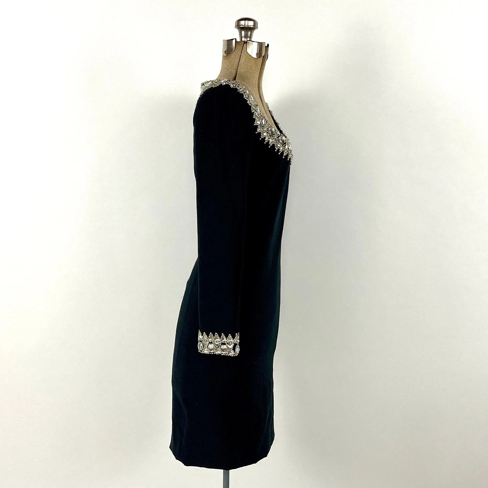 80s Black Plunging Long Sleeve Sweater Dress Gold Beaded Rhinestone Jewel Mini Dress Bodycon Bandage Party Vintage Dress by Nite Lines - Image 6