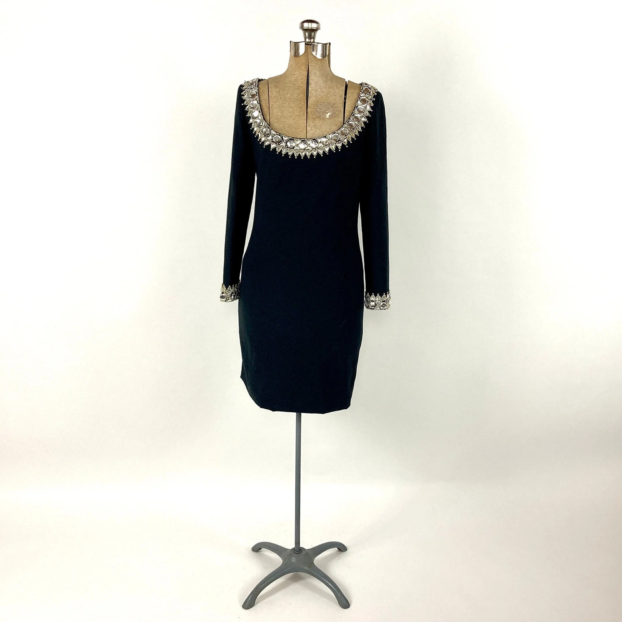 80s Black Plunging Long Sleeve Sweater Dress Gold Beaded Rhinestone Jewel Mini Dress Bodycon Bandage Party Vintage Dress by Nite Lines - Image 8