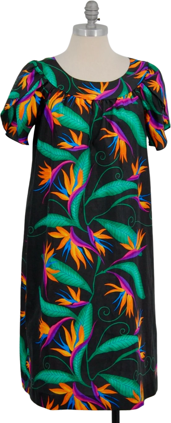 80s Black Polyester Birds Of Paradise Dress By Hilo Hattie