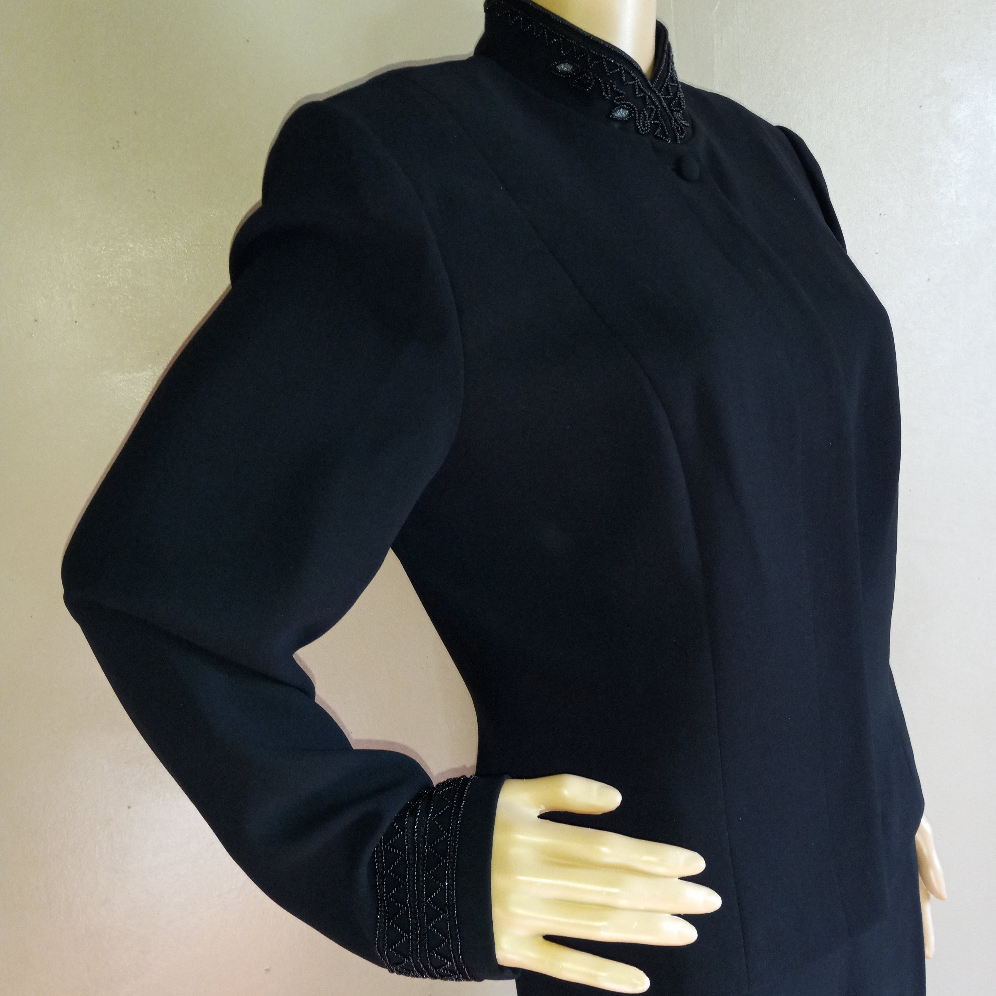 80's Black Polyester Pants Suit with Beaded Accents by Donna Morgan - Image 3