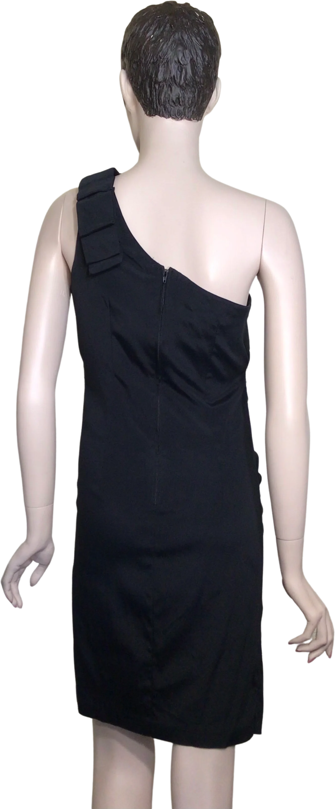 80s Black Rushed One Shoulder Mini Cocktail Dress By Xscape by Joanna Chen - Image 2