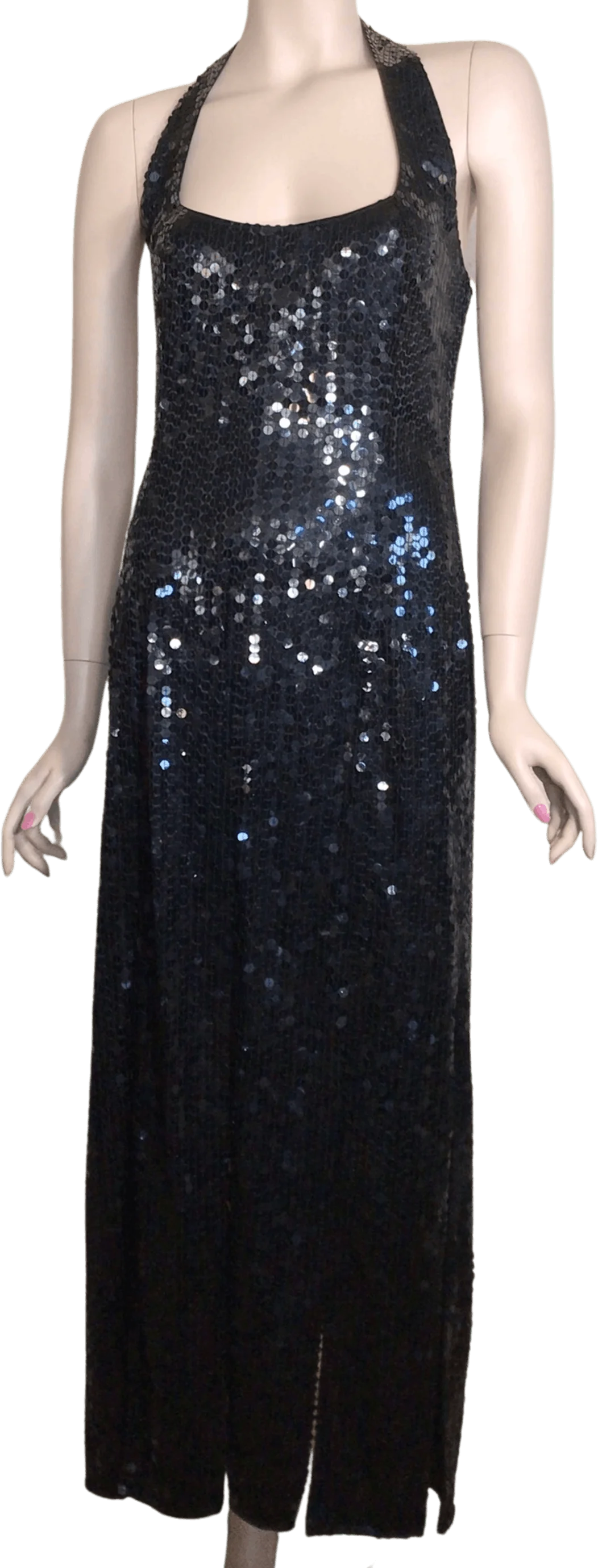 80s Black Sequin Halter Maxi Dress With Splits Accents By Niteline