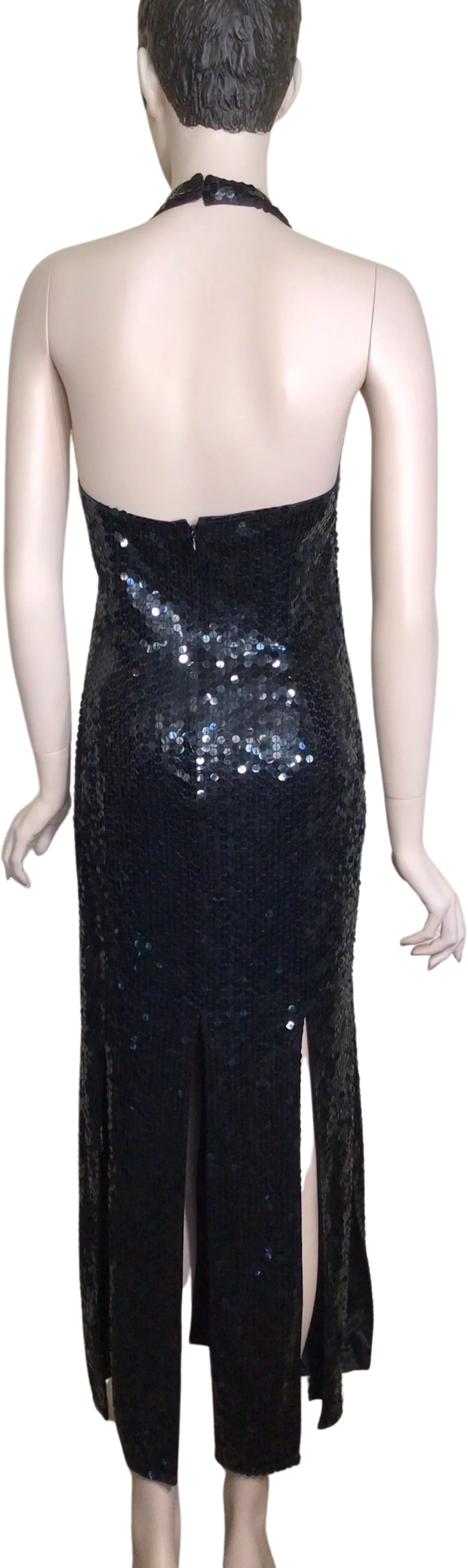 80s Black Sequin Halter Maxi Dress With Splits Accents By Niteline - Image 2