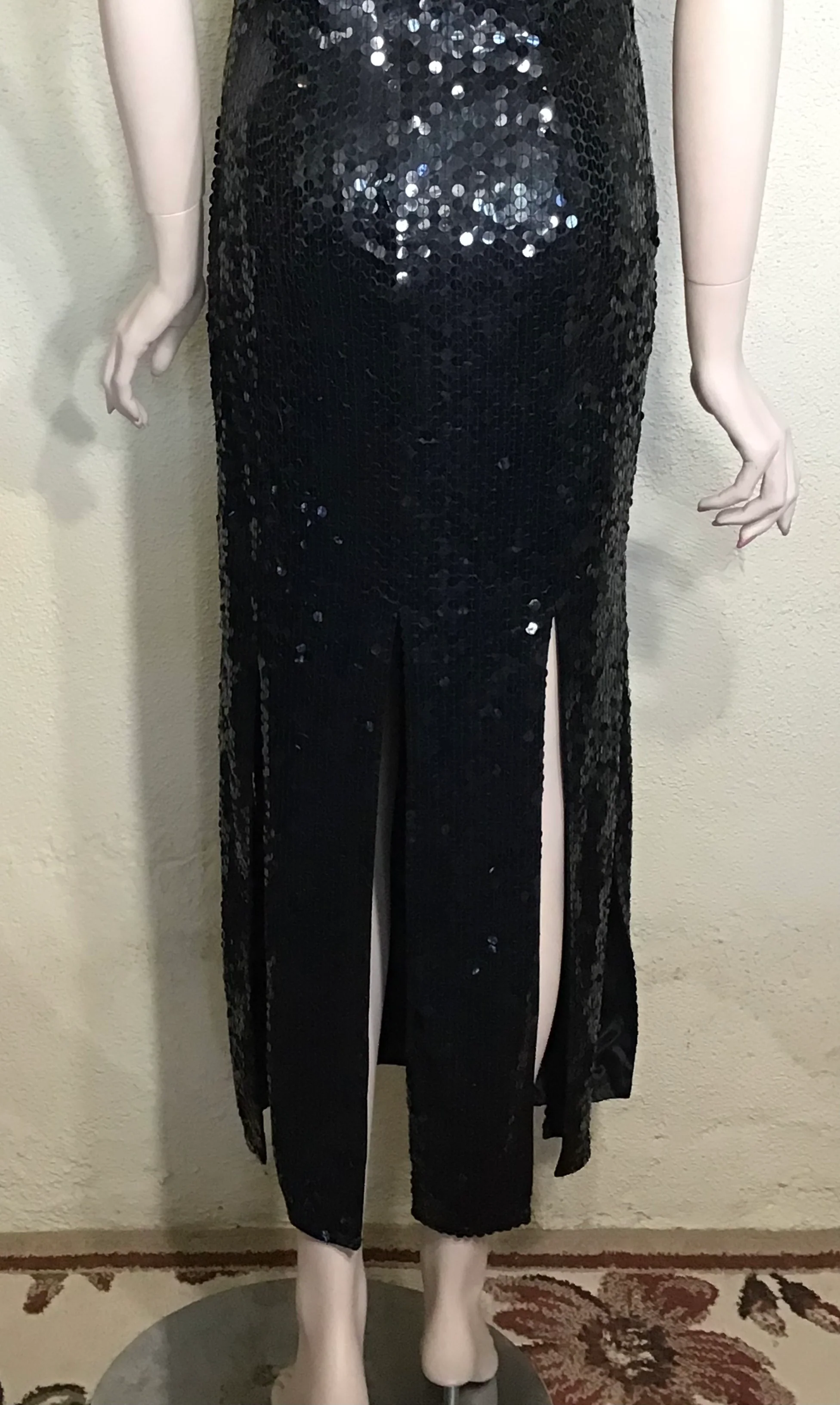 80s Black Sequin Halter Maxi Dress With Splits Accents By Niteline - Image 5