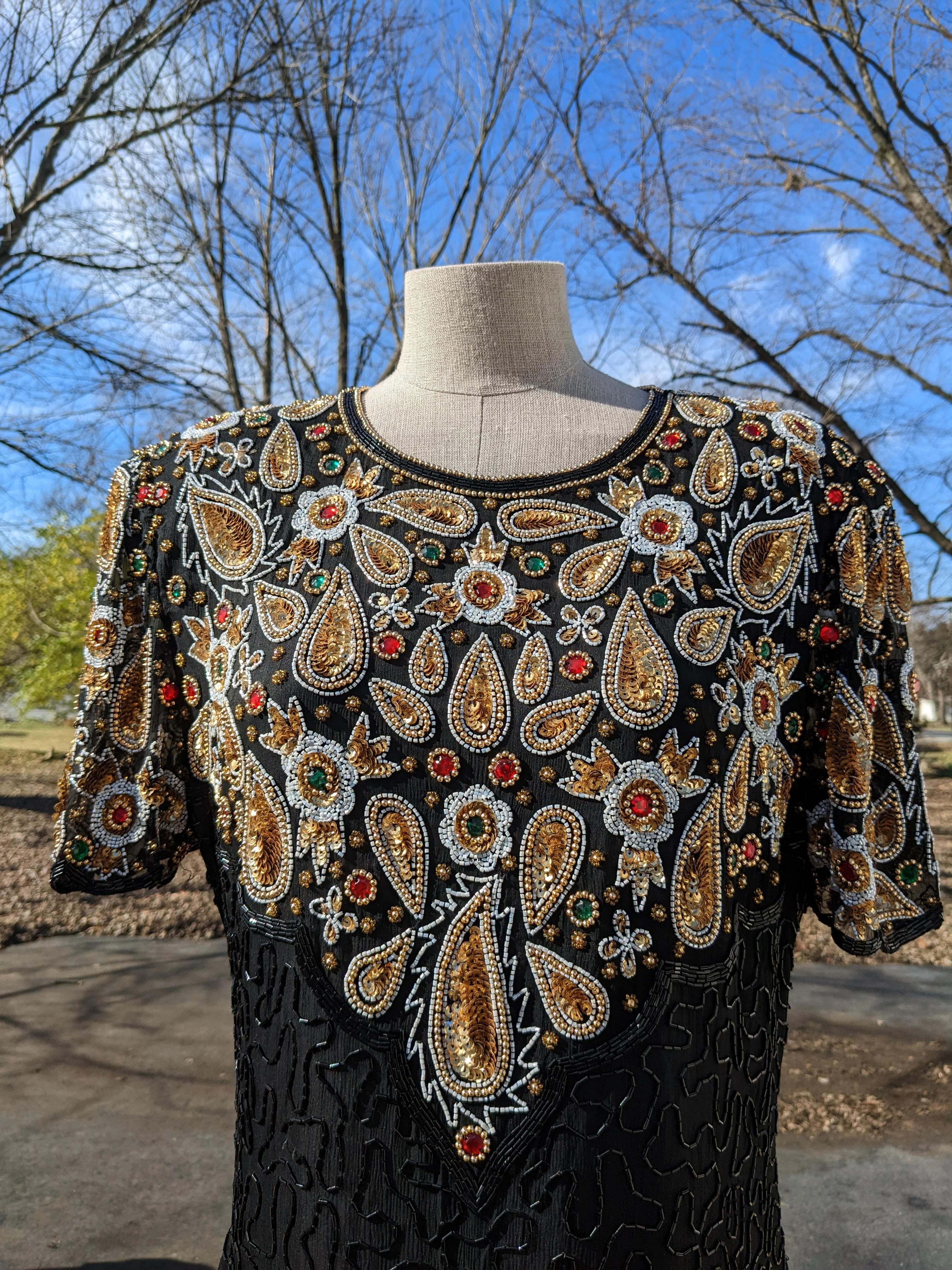80s Black Sequined Beaded Cocktail Dress Zipper Flaw By Laurence Kazar - Image 3