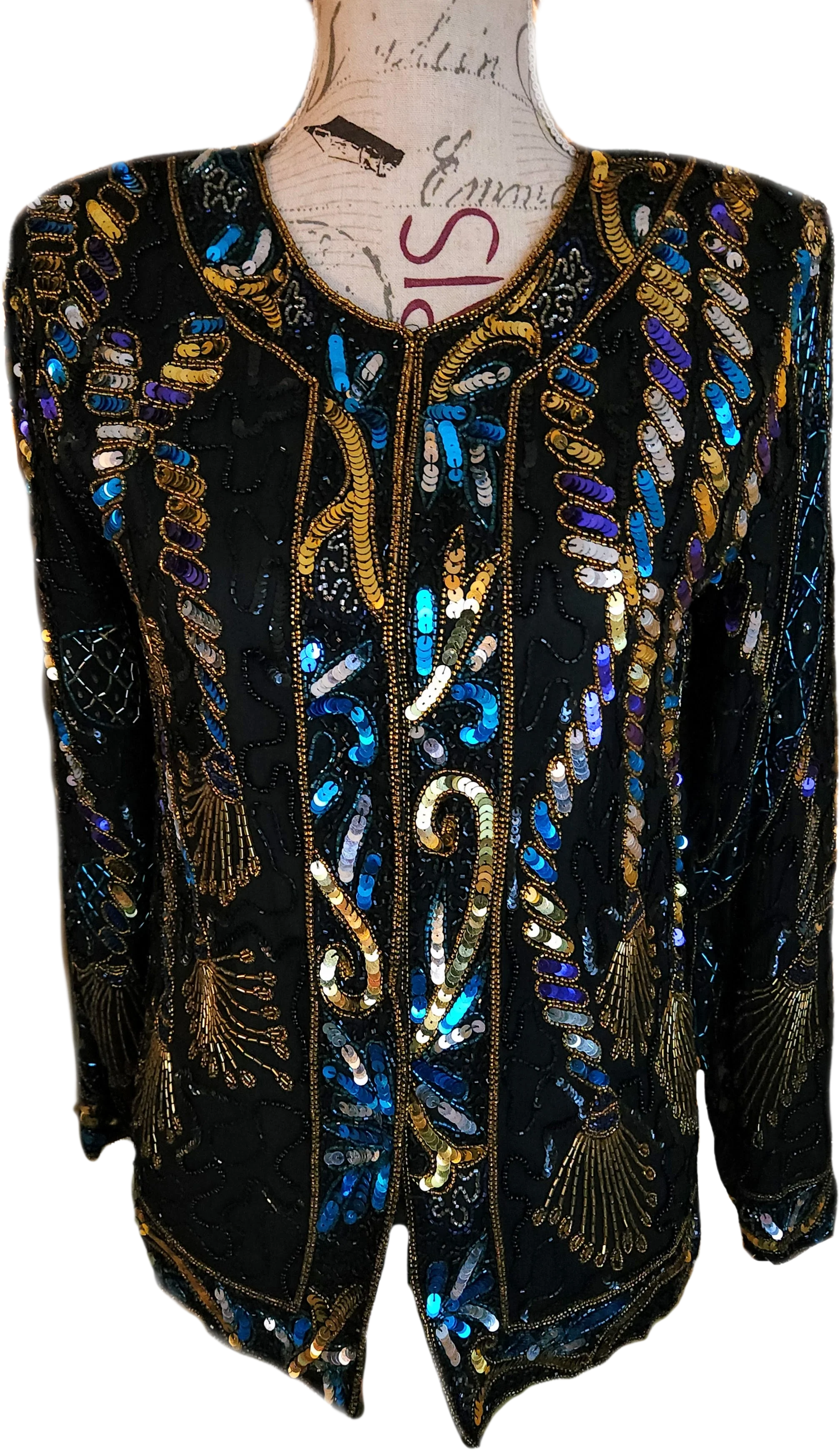 80s Black Silk Sequin And Beaded Tassle Jacket By Laurence Kazar