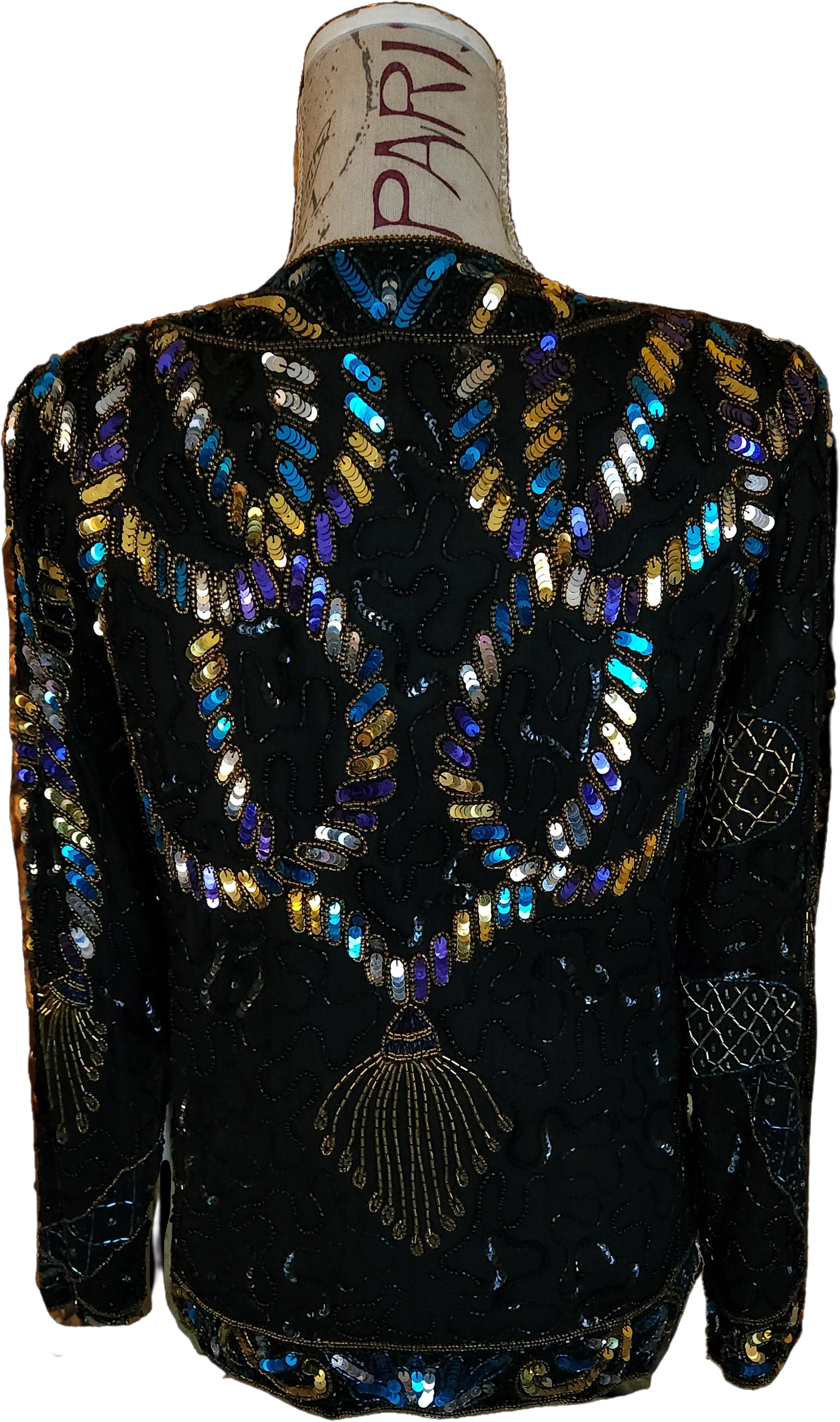 80s Black Silk Sequin And Beaded Tassle Jacket By Laurence Kazar - Image 2
