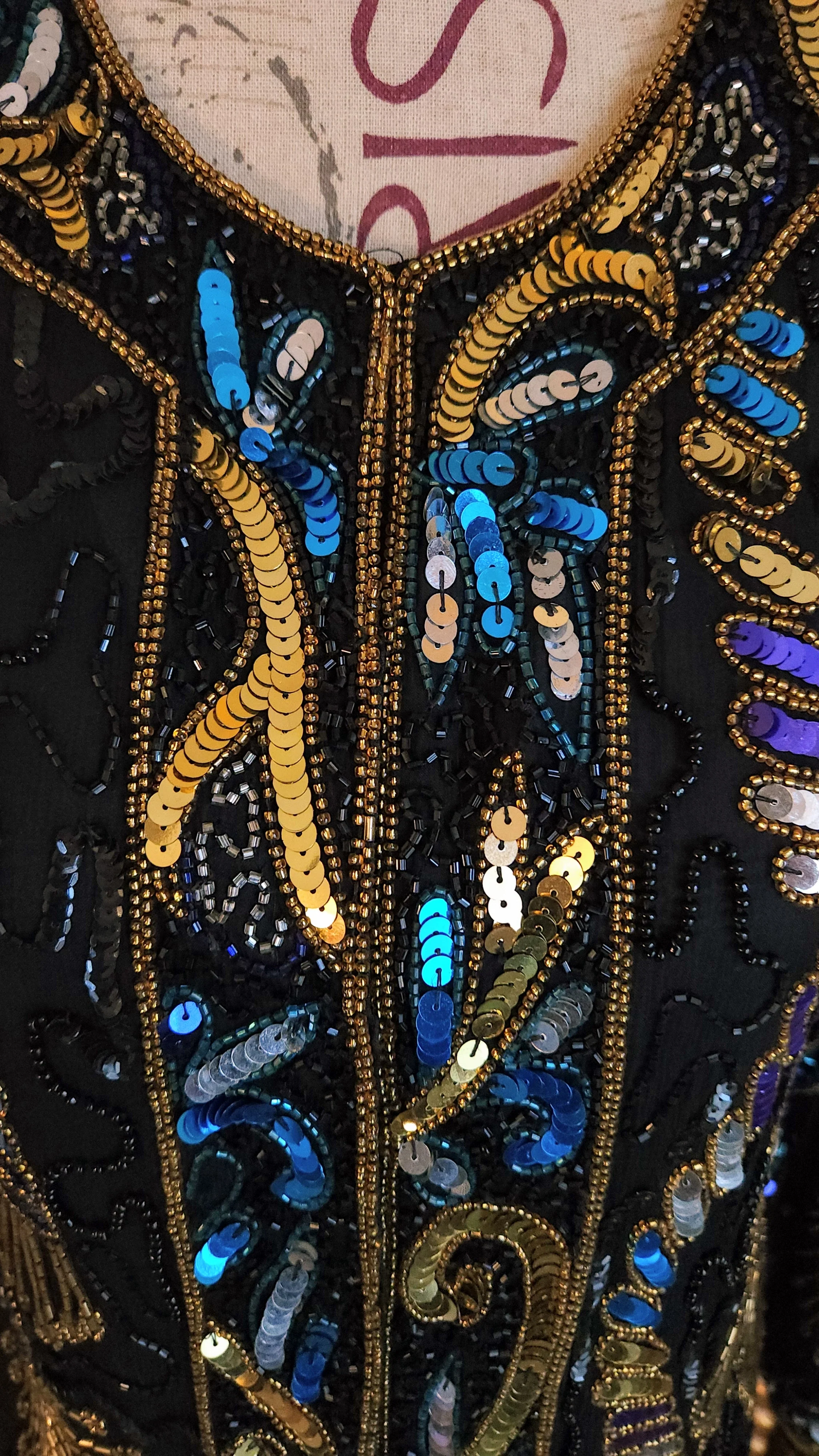 80s Black Silk Sequin And Beaded Tassle Jacket By Laurence Kazar - Image 3