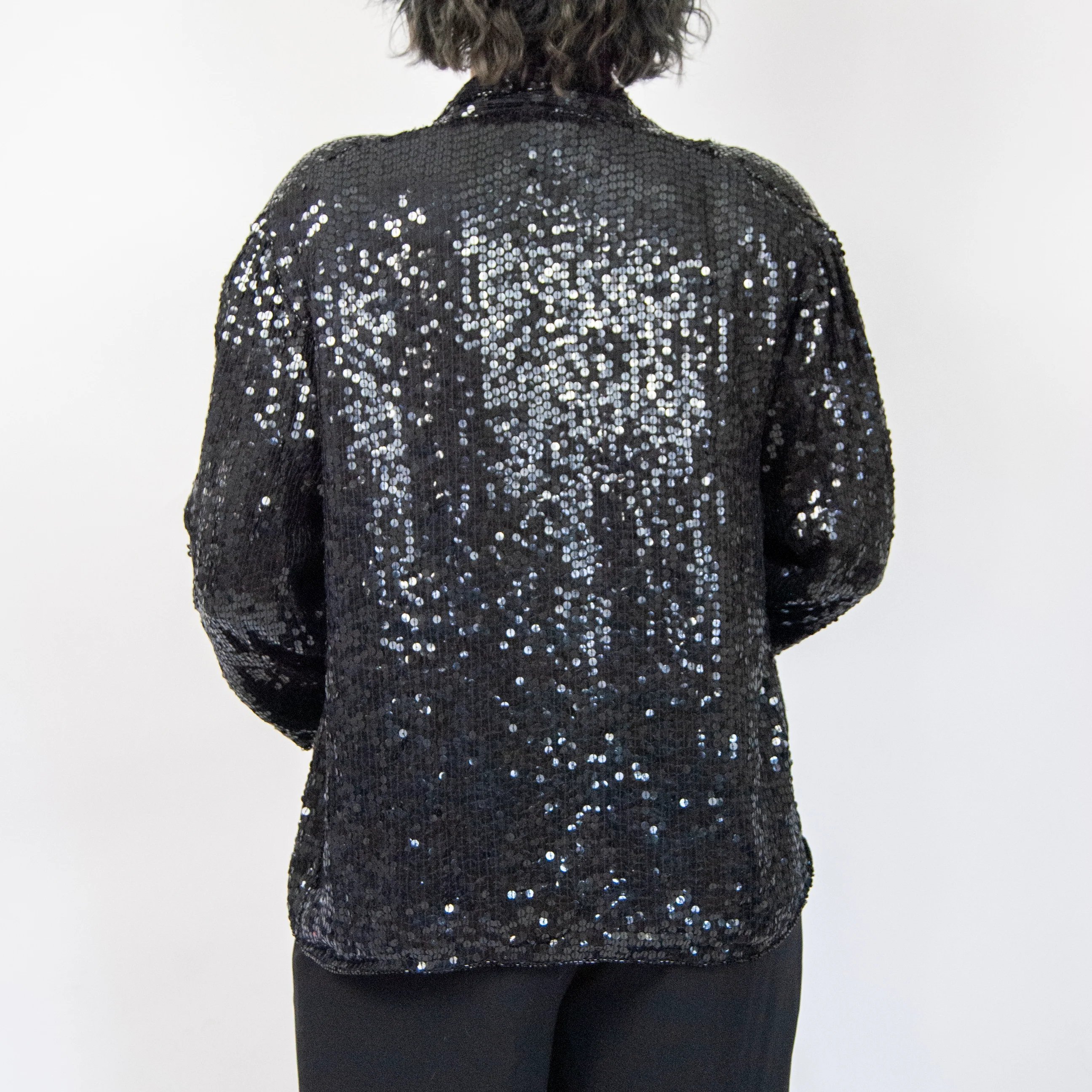 80s Black Silk Sequin Cardigan Jacket By Spellbound - Image 3