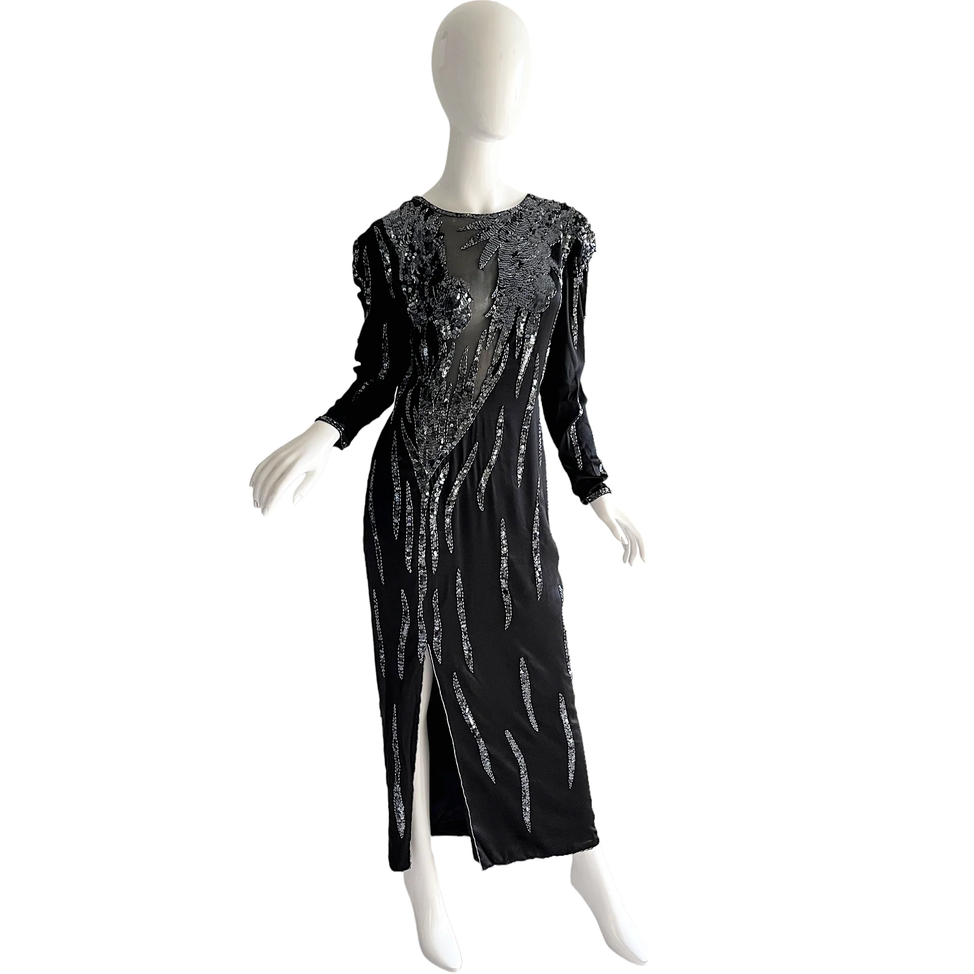 80s Black Silk Sequin Illusion Slit Evening Gown By Black Tie - Image 4