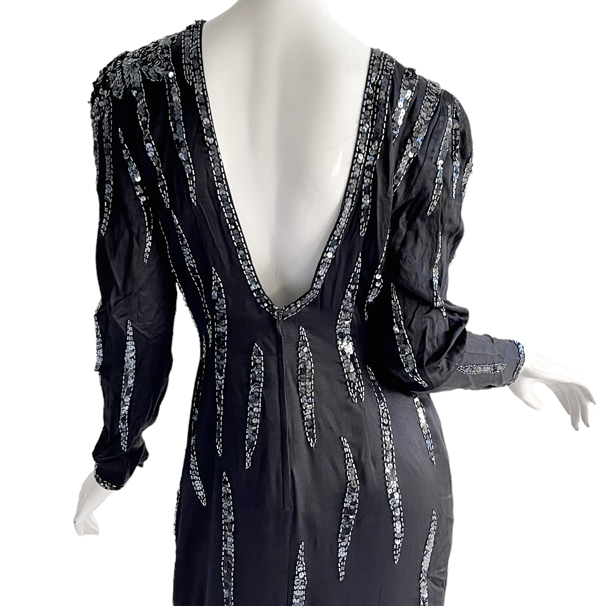 80s Black Silk Sequin Illusion Slit Evening Gown By Black Tie - Image 5