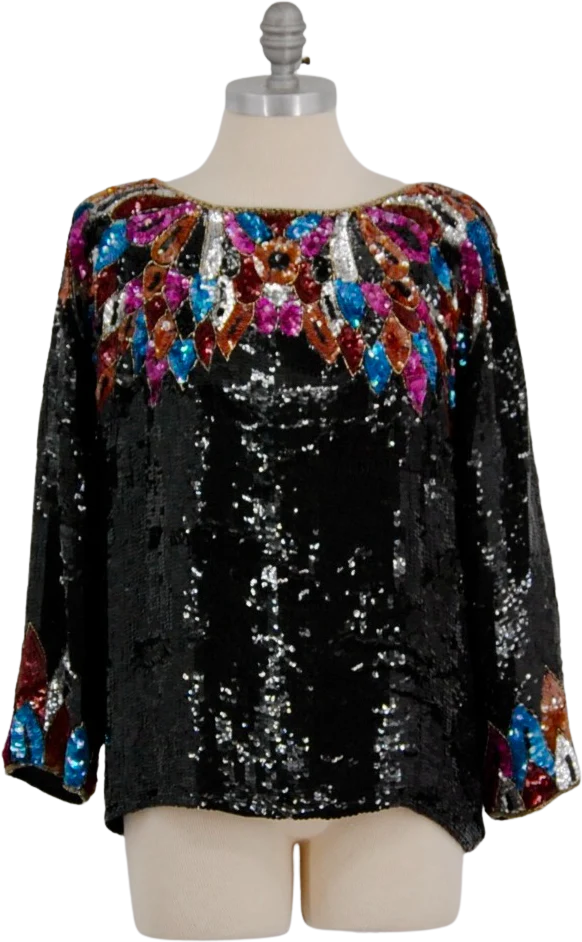 80s Black Silk Sequins Beaded Blouse By Neiman Marcus
