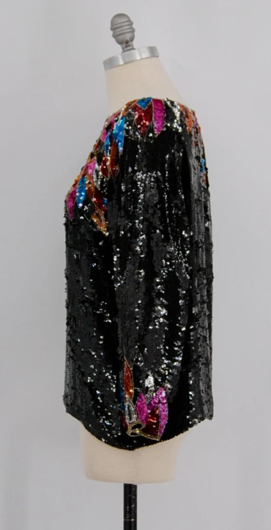 80s Black Silk Sequins Beaded Blouse By Neiman Marcus - Image 3