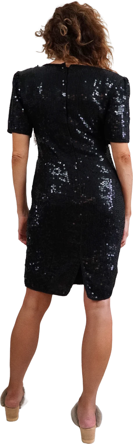 80s Black Silk Western Sequin Fringe Cocktail Dress - Image 2