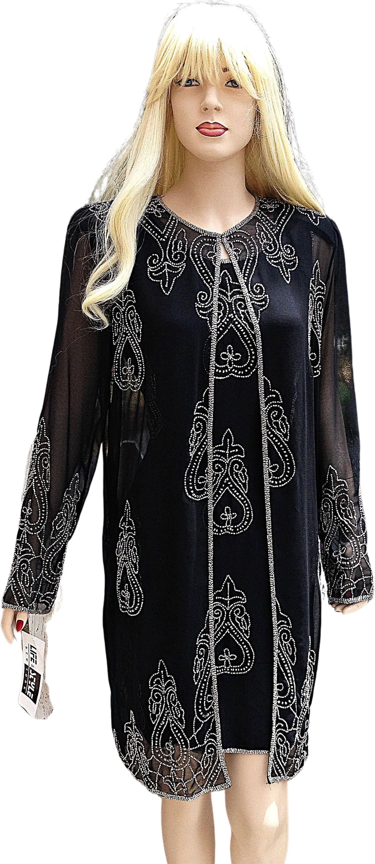 80s Black Silver Fleur De Lis Beaded Jacket Dress Set By Life and Style New York