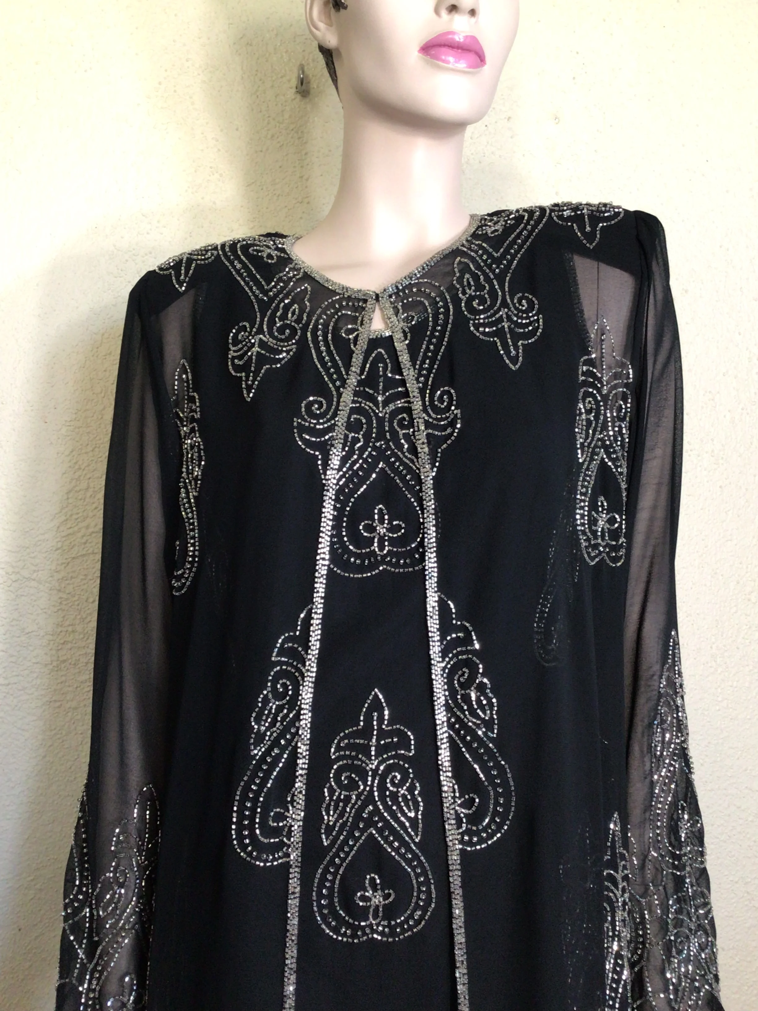 80s Black Silver Fleur De Lis Beaded Jacket Dress Set By Life and Style New York - Image 3