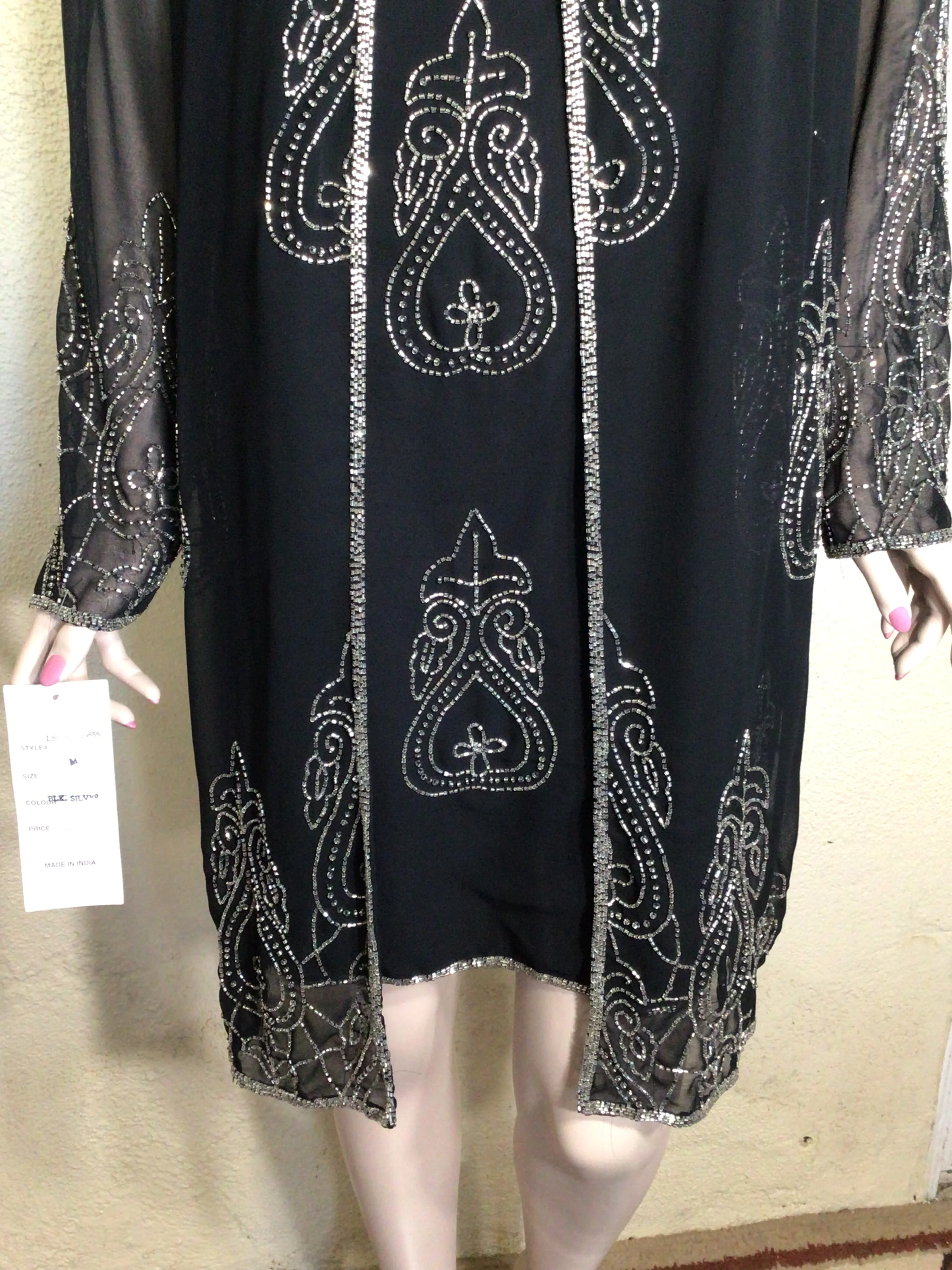 80s Black Silver Fleur De Lis Beaded Jacket Dress Set By Life and Style New York - Image 4