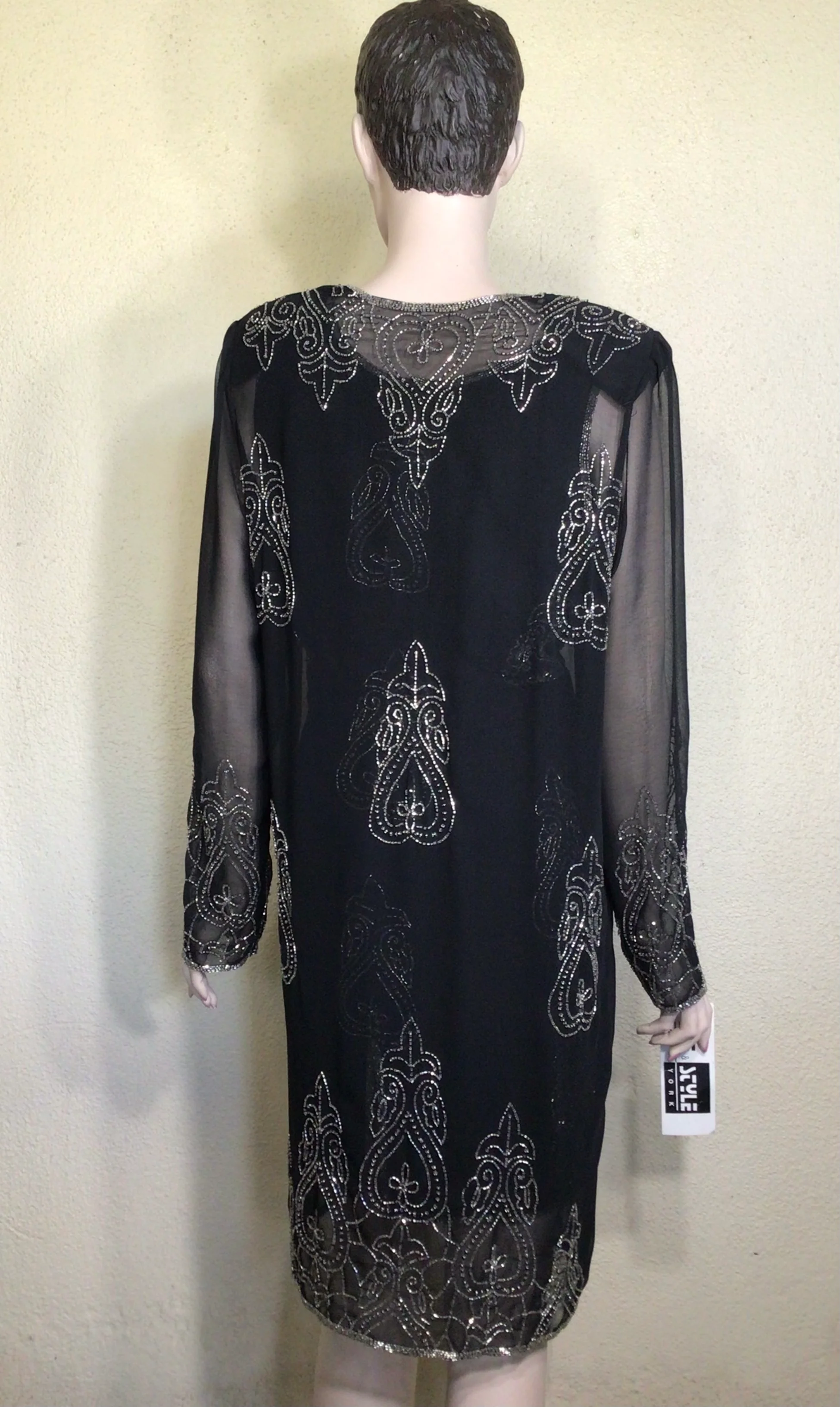 80s Black Silver Fleur De Lis Beaded Jacket Dress Set By Life and Style New York - Image 6