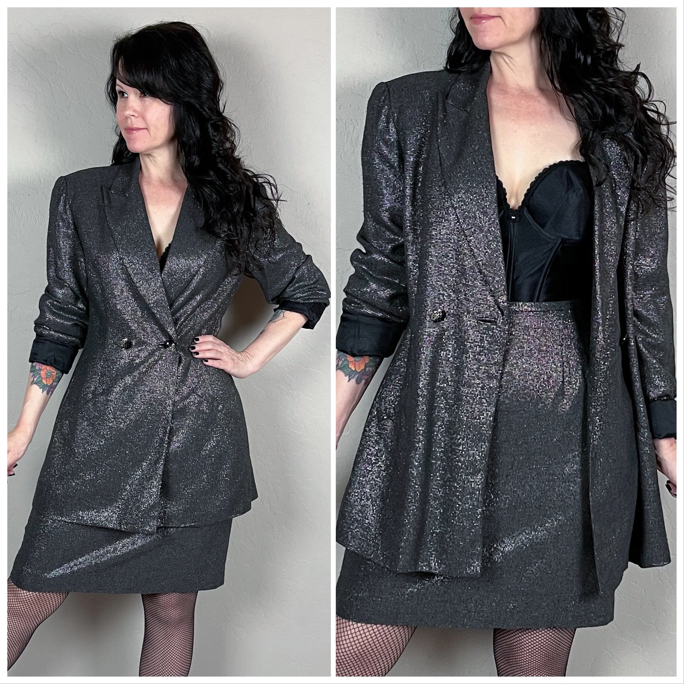 80s Black Silver Lurex Two Piece Skirt And Jacket Set By Cache - Image 2