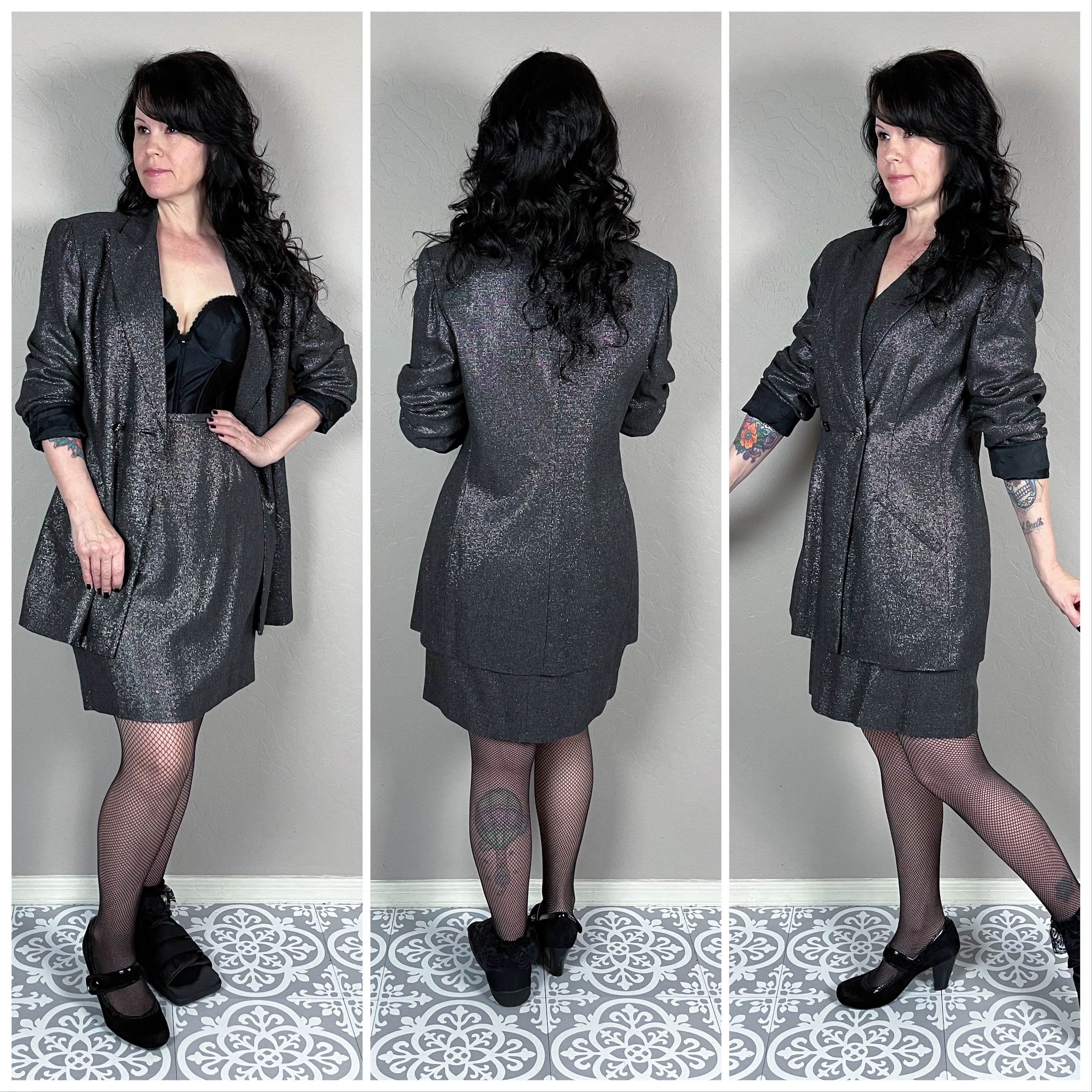 80s Black Silver Lurex Two Piece Skirt And Jacket Set By Cache - Image 3