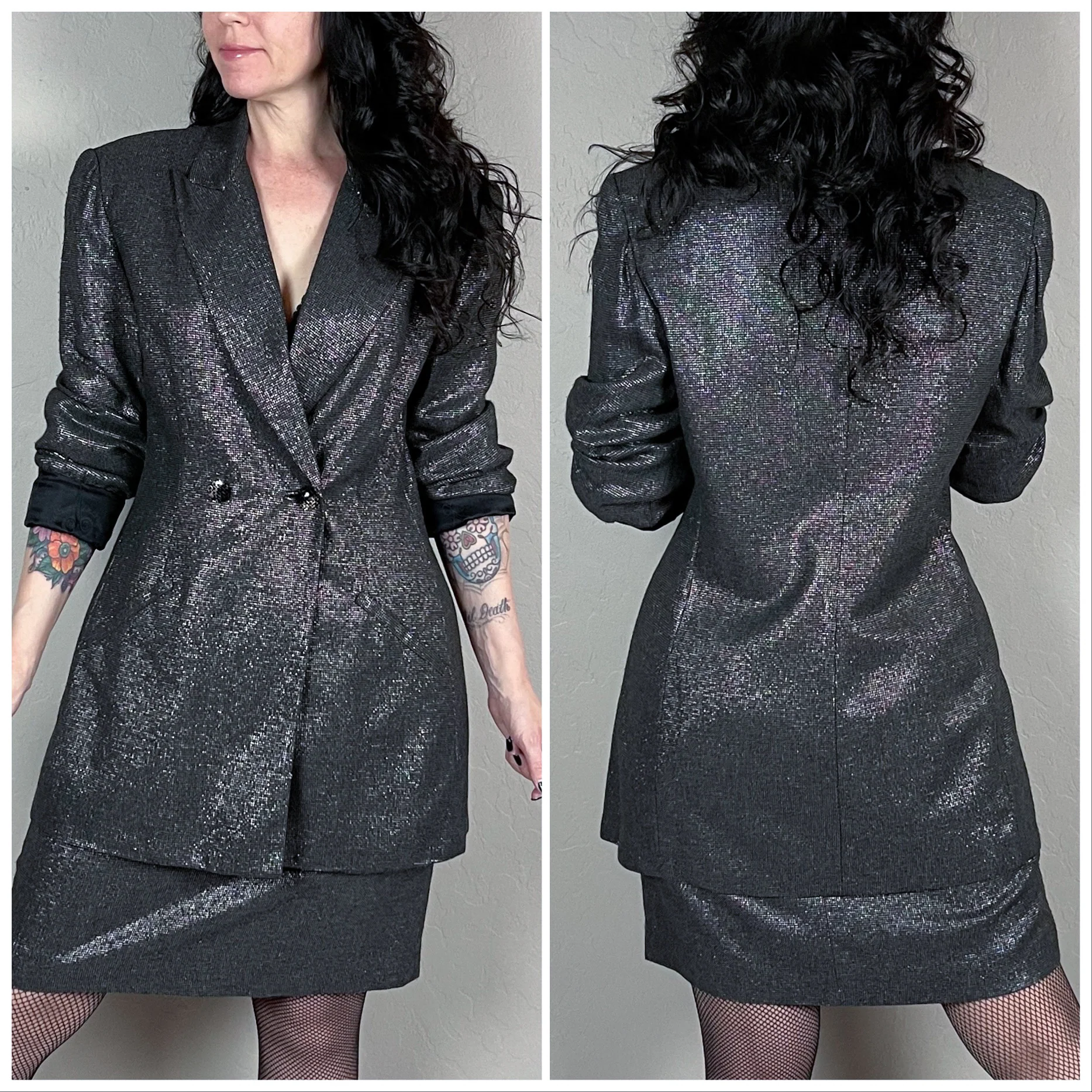 80s Black Silver Lurex Two Piece Skirt And Jacket Set By Cache - Image 4