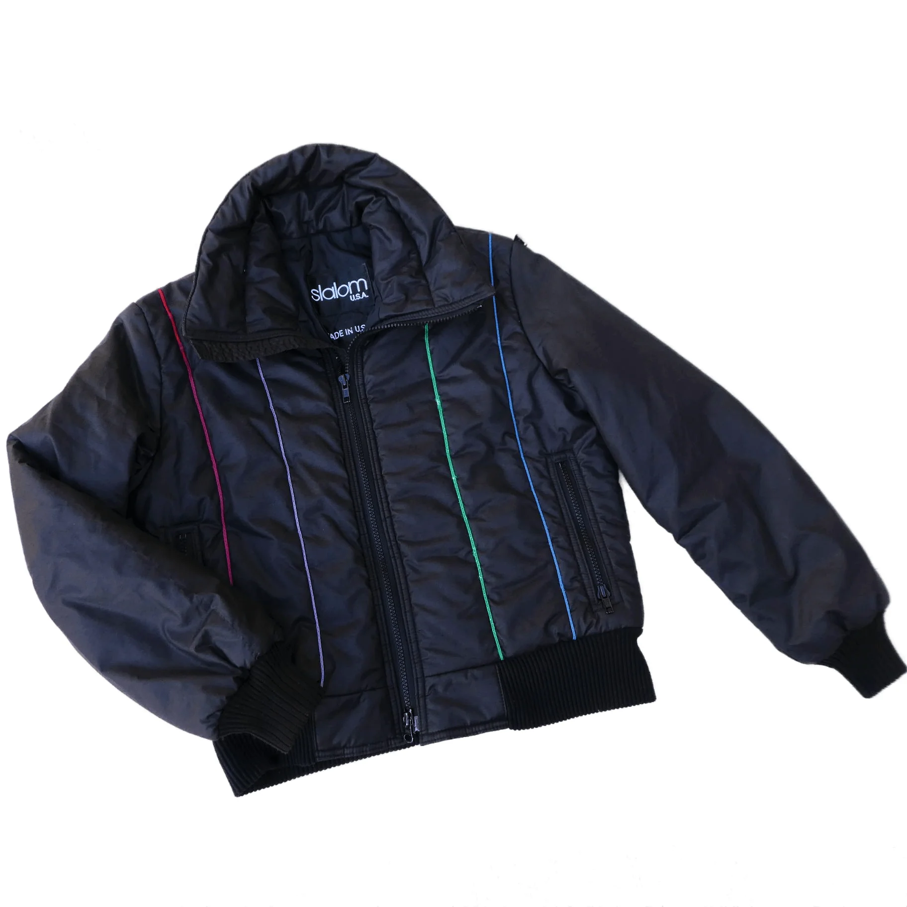 80s Black Ski Jacket Puffy 2 Way Zip Rainbow Stitching By Slalom Usa - Image 3