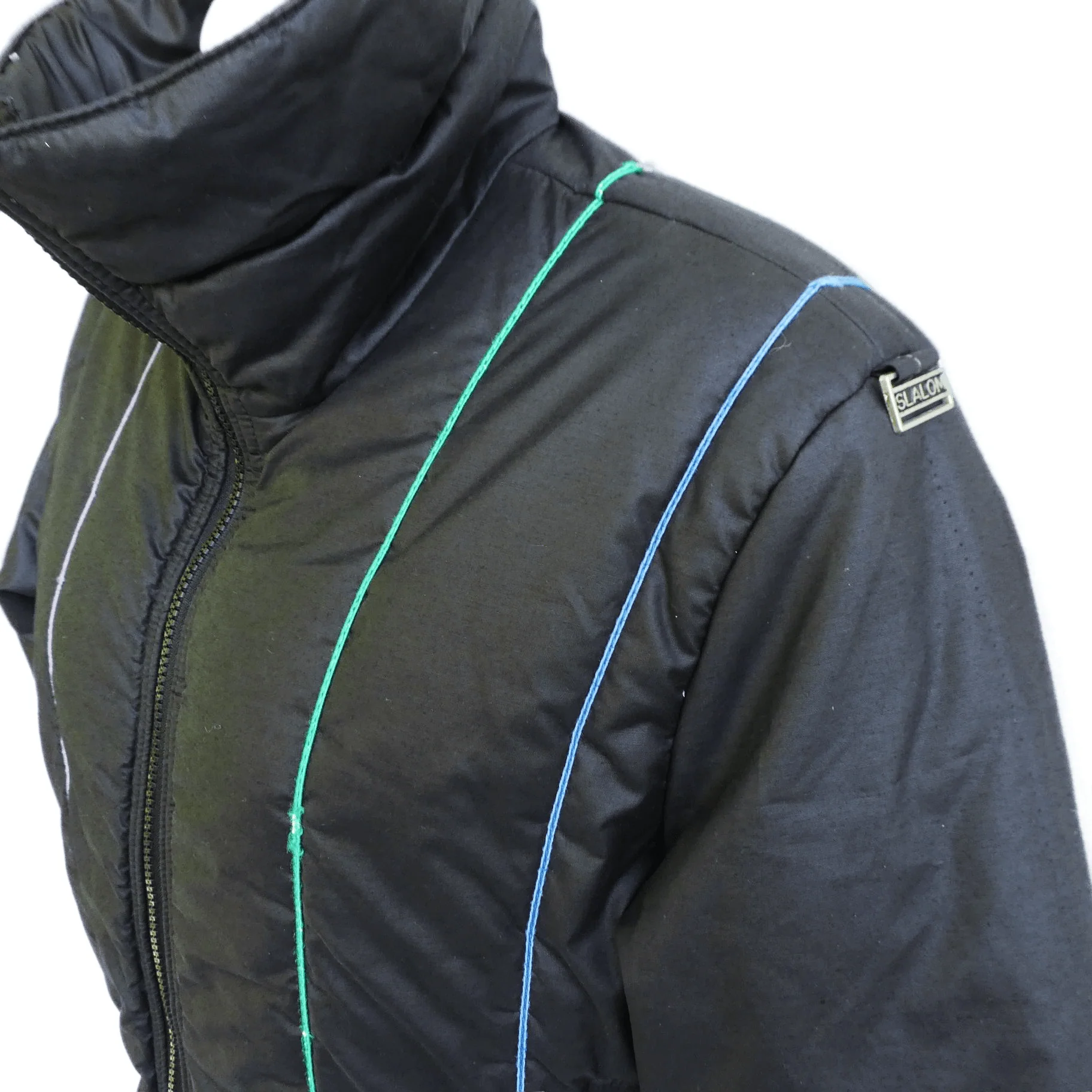 80s Black Ski Jacket Puffy 2 Way Zip Rainbow Stitching By Slalom Usa - Image 4