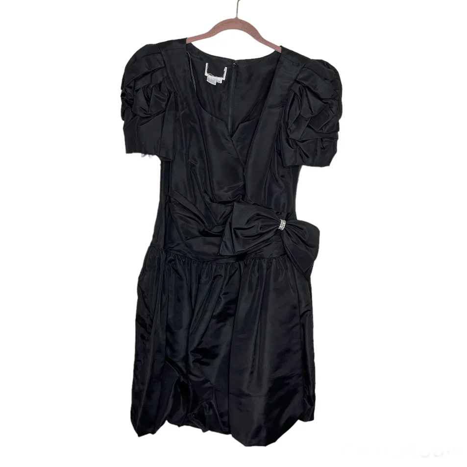 80s Black Taffeta Party Dress Rhinestone Bow By Leslie Fay - Image 4