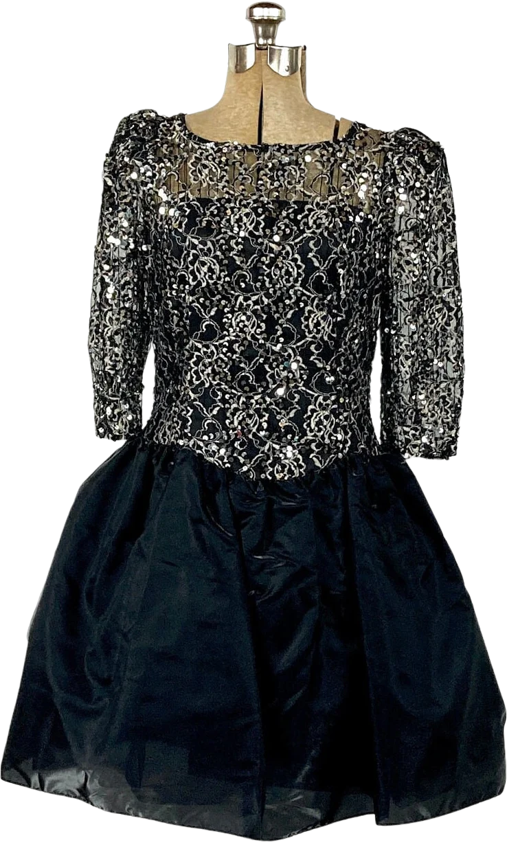 80s Black Taffeta Prom Dress Silver Lace Mesh Sequin Mini Dress Ballerina Party Dress Sweetheart Big Bow Deep Back V Vintage Dress by Cachet Petite By Bari Protas