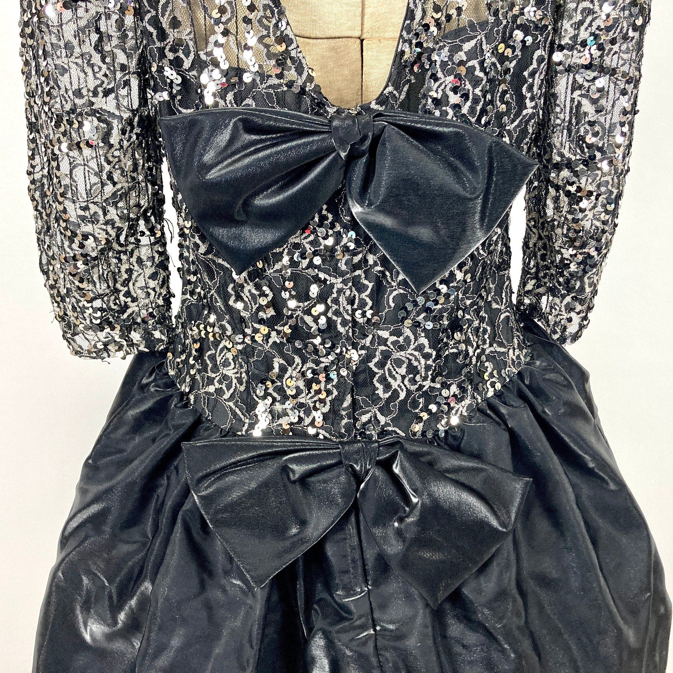80s Black Taffeta Prom Dress Silver Lace Mesh Sequin Mini Dress Ballerina Party Dress Sweetheart Big Bow Deep Back V Vintage Dress by Cachet Petite By Bari Protas - Image 8