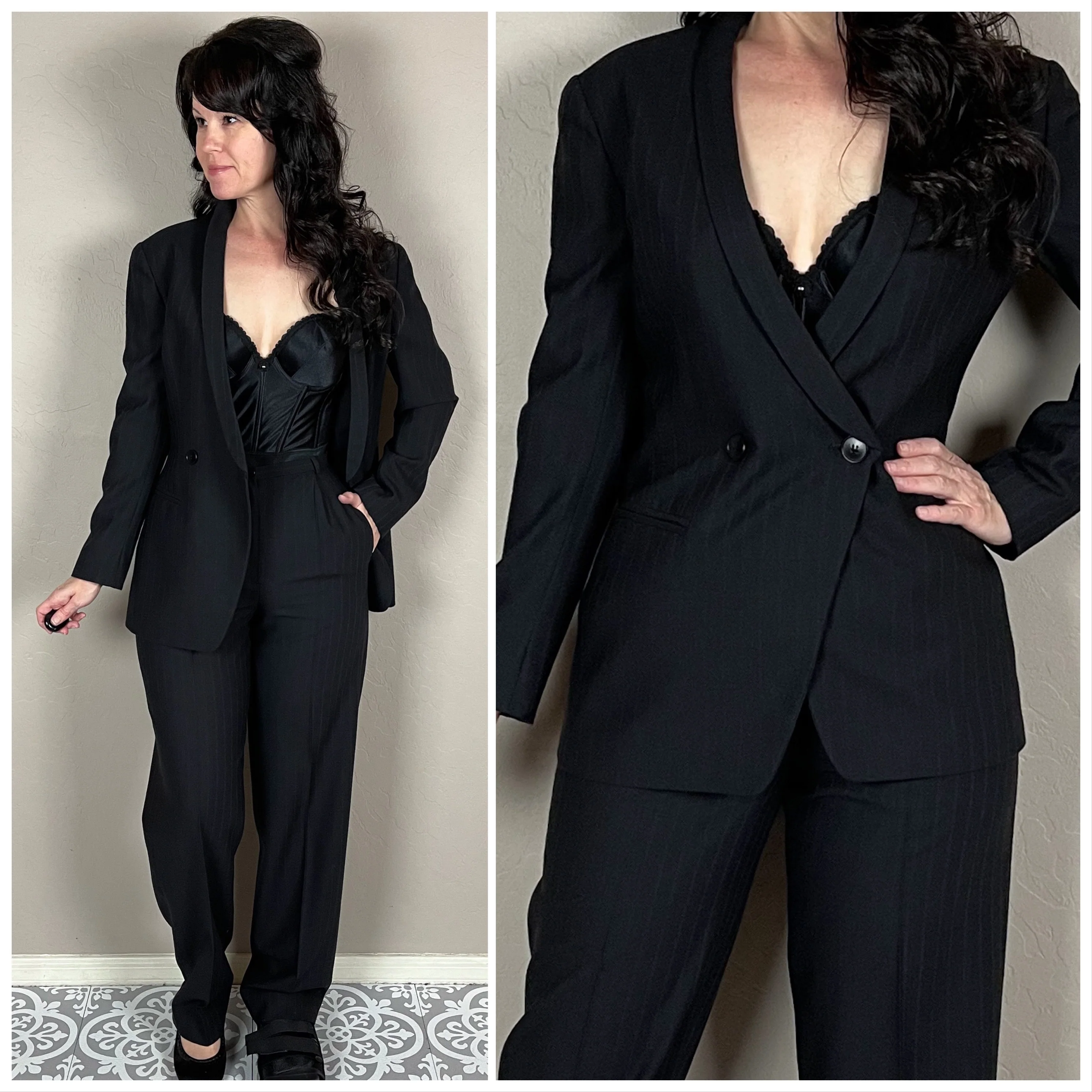 80s Black Tailored Pinstripe Suit By Giorgio Armani - Image 2