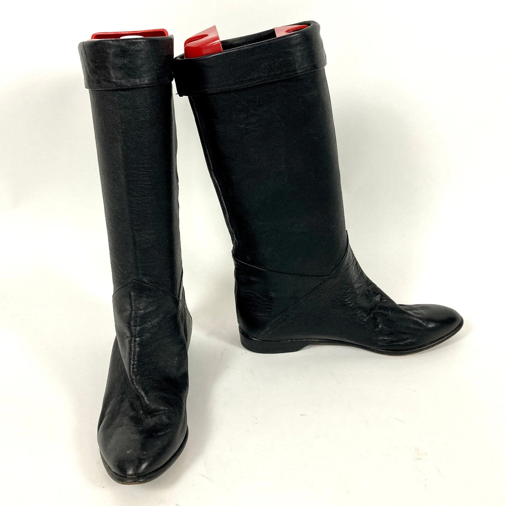 80s Black Tall Leather Boots Vintage Pirate Cuff Slouch Flat Heel Rocker Boots by Bertie - Image 6
