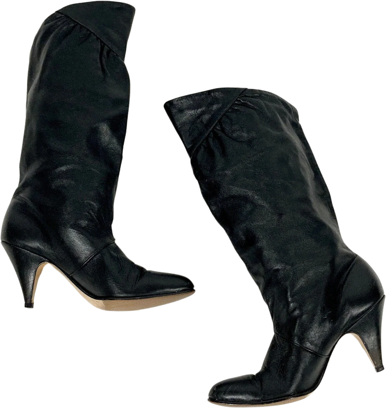 80s Black Tall Leather High Heel Boots Ruched Slouch Boots Fold Over Cuff Knee Vintage Pirate Boots