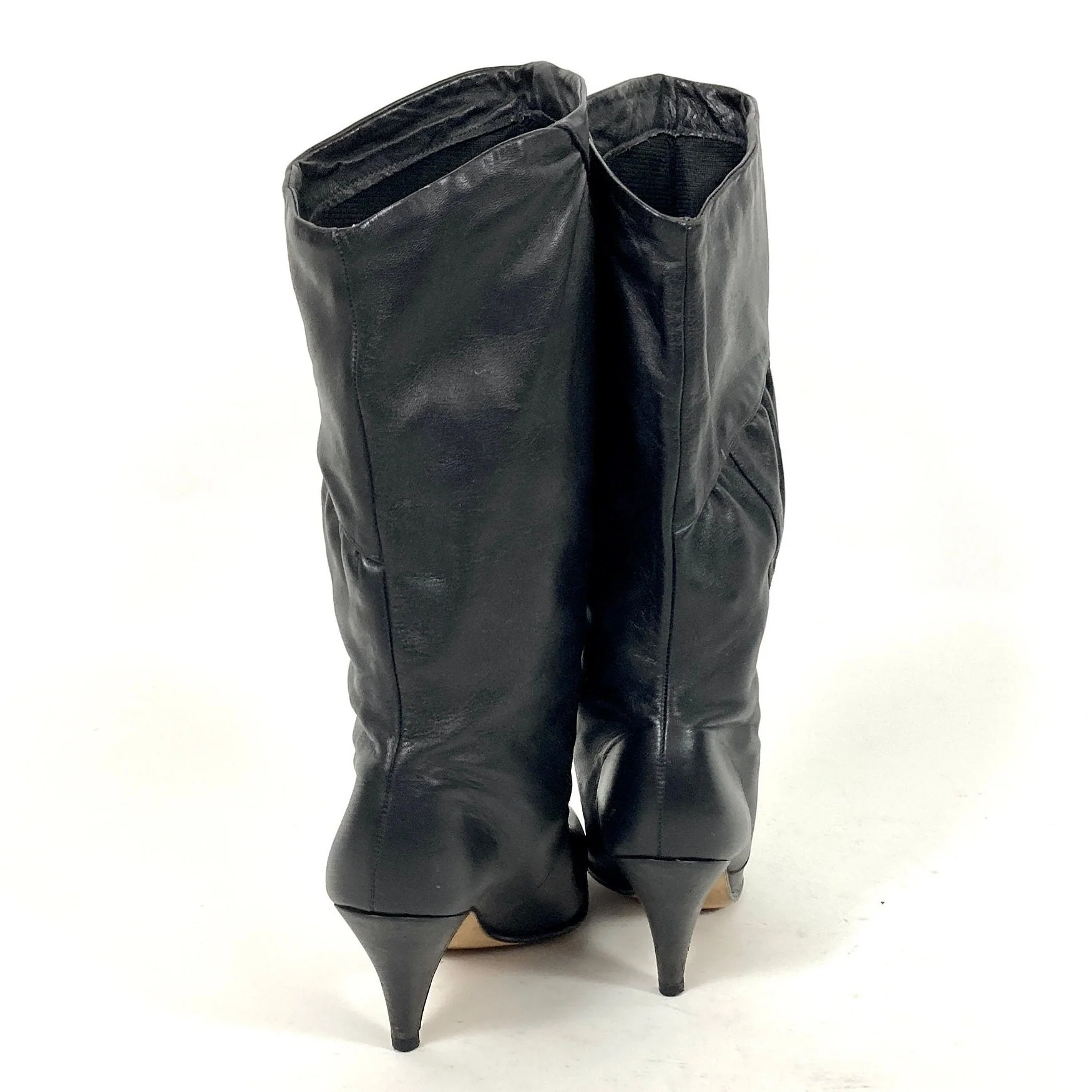 80s Black Tall Leather High Heel Boots Ruched Slouch Boots Fold Over Cuff Knee Vintage Pirate Boots - Image 3