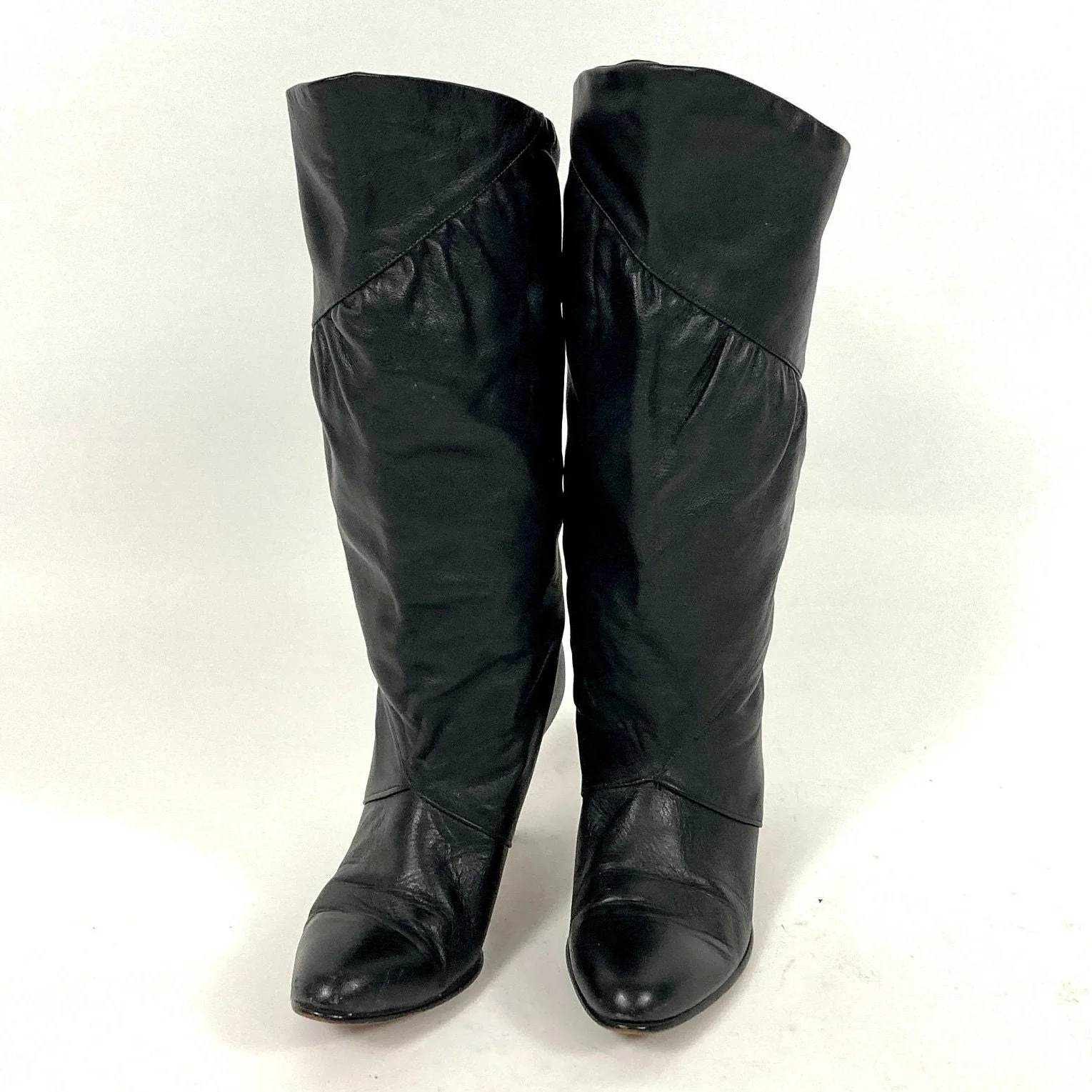 80s Black Tall Leather High Heel Boots Ruched Slouch Boots Fold Over Cuff Knee Vintage Pirate Boots - Image 6