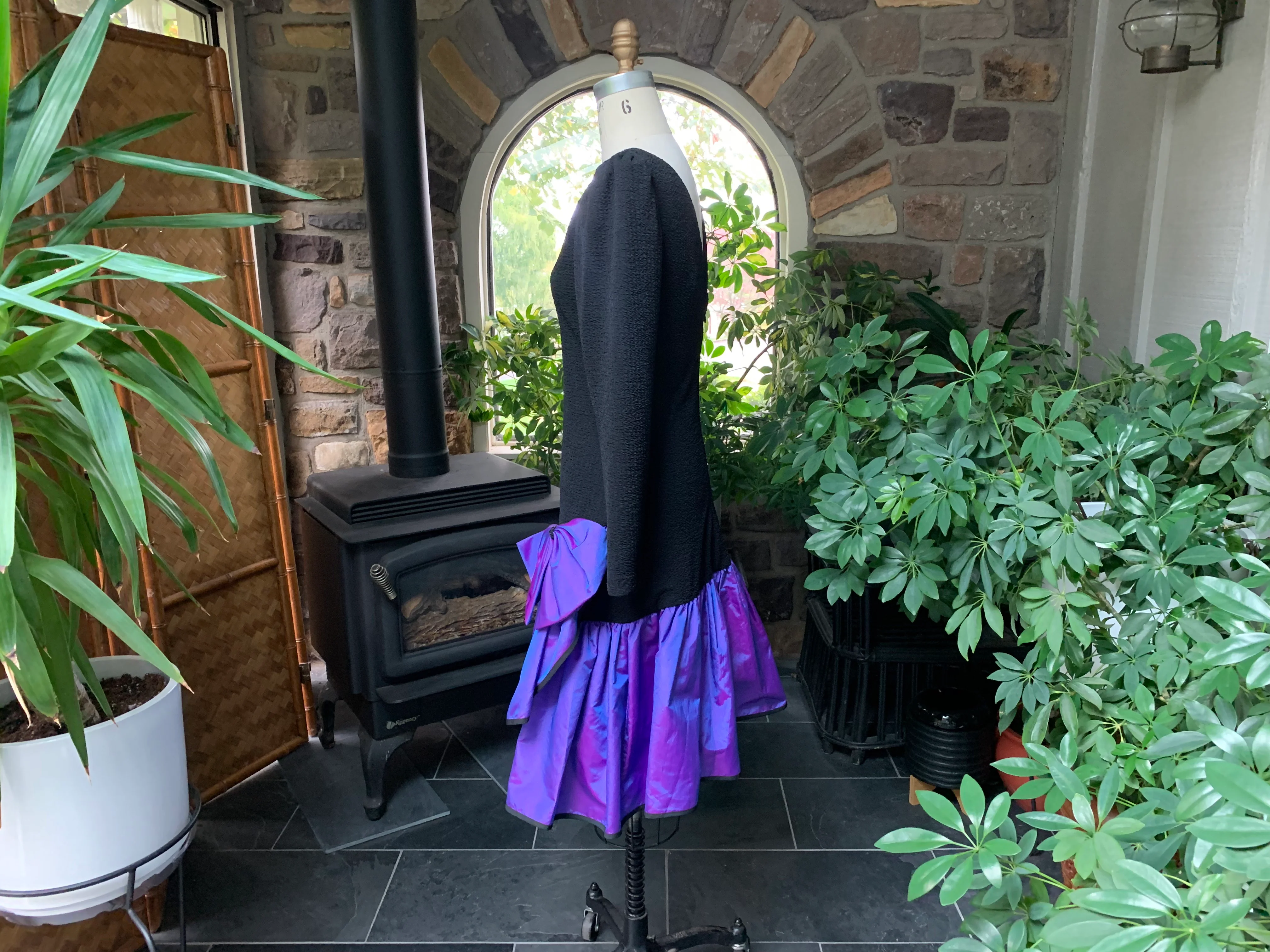 80s Black Texture Knit Purple Taffeta Drop Waist Dress By Darcy - Image 5