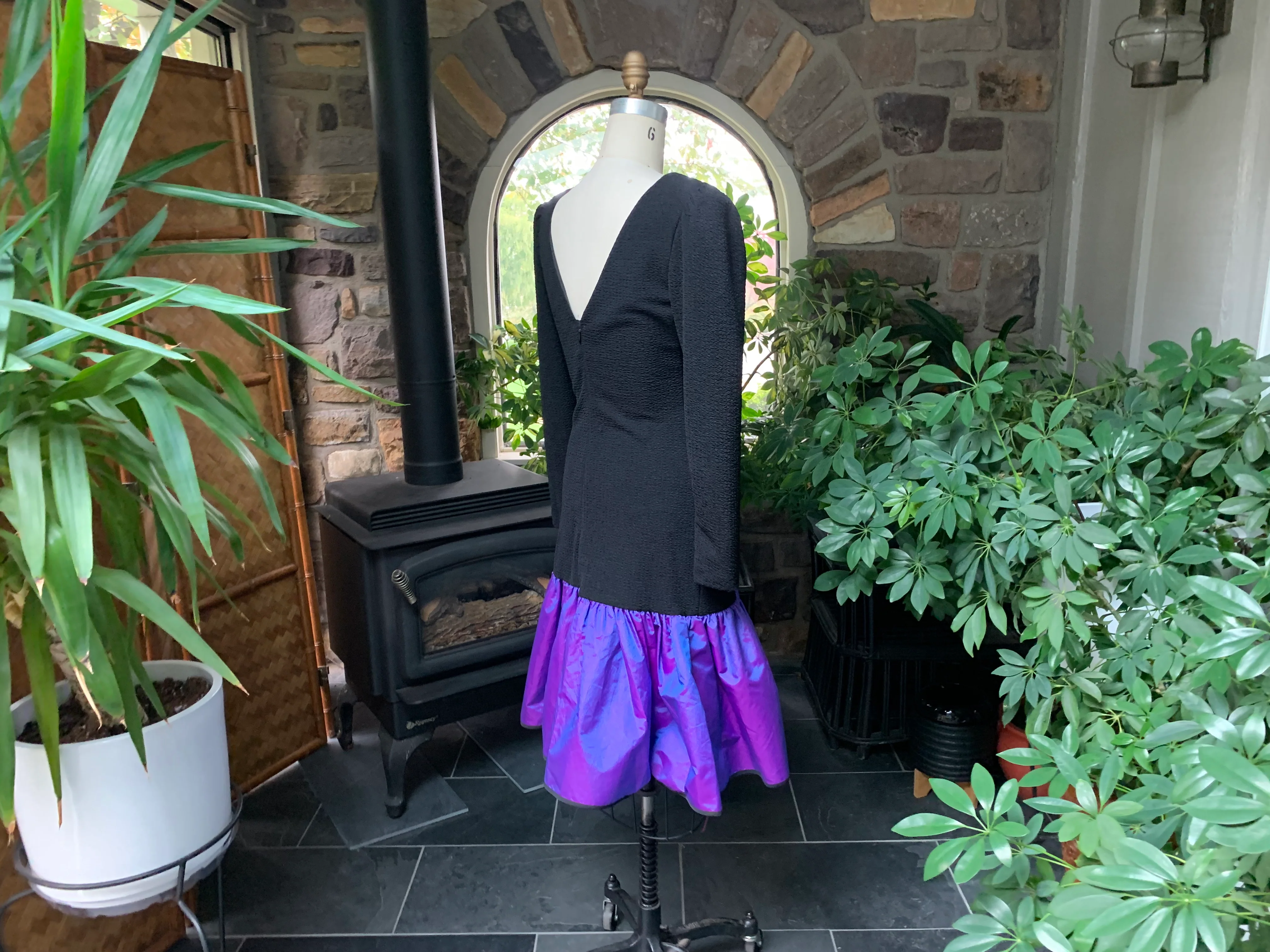 80s Black Texture Knit Purple Taffeta Drop Waist Dress By Darcy - Image 7