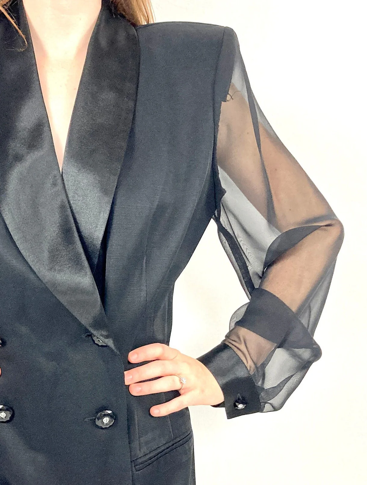 80s Black Tuxedo Dress Plunging Puff Sheer Sleeve Midi Dress Deep V Double Breasted Cocktail Long Sleeve Rhinestone Vintage Dress by Danny And Nicole - Image 2