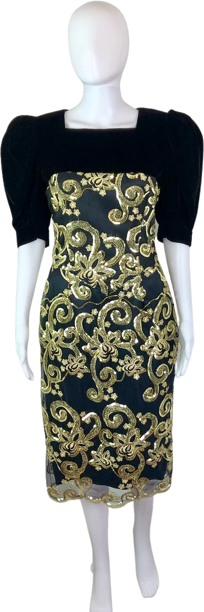 80s Black Velvet And Lame Cocktail Party Dress By Jessica McClintock